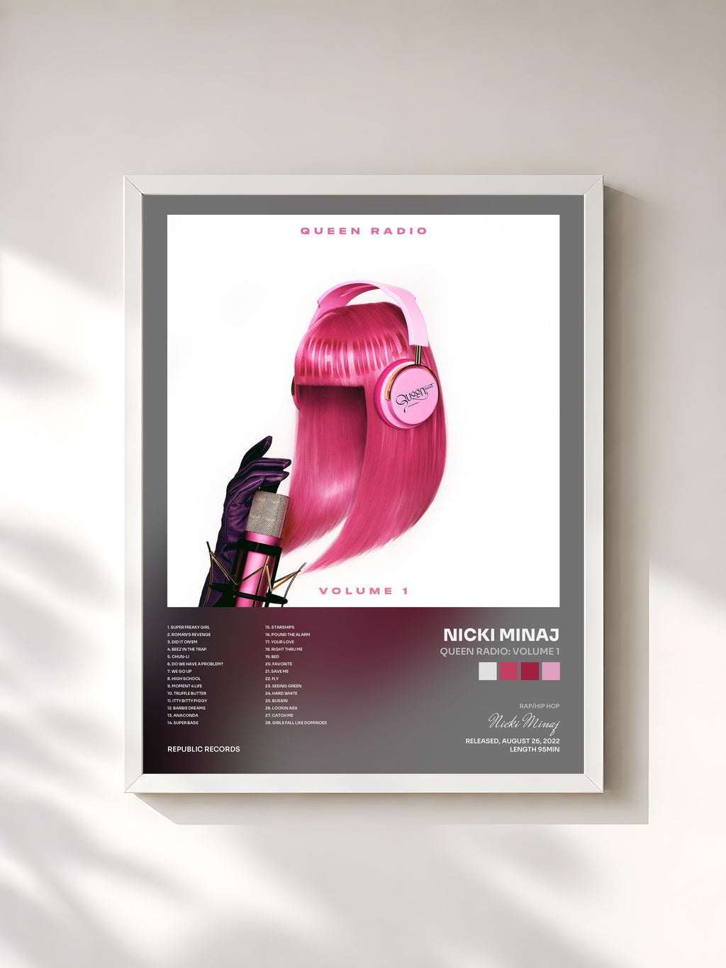 #blanc Tableau de l'album Queen Radio: Volume 1 de Nicki Minaj, cadre blanc, imprimé et encadré en France