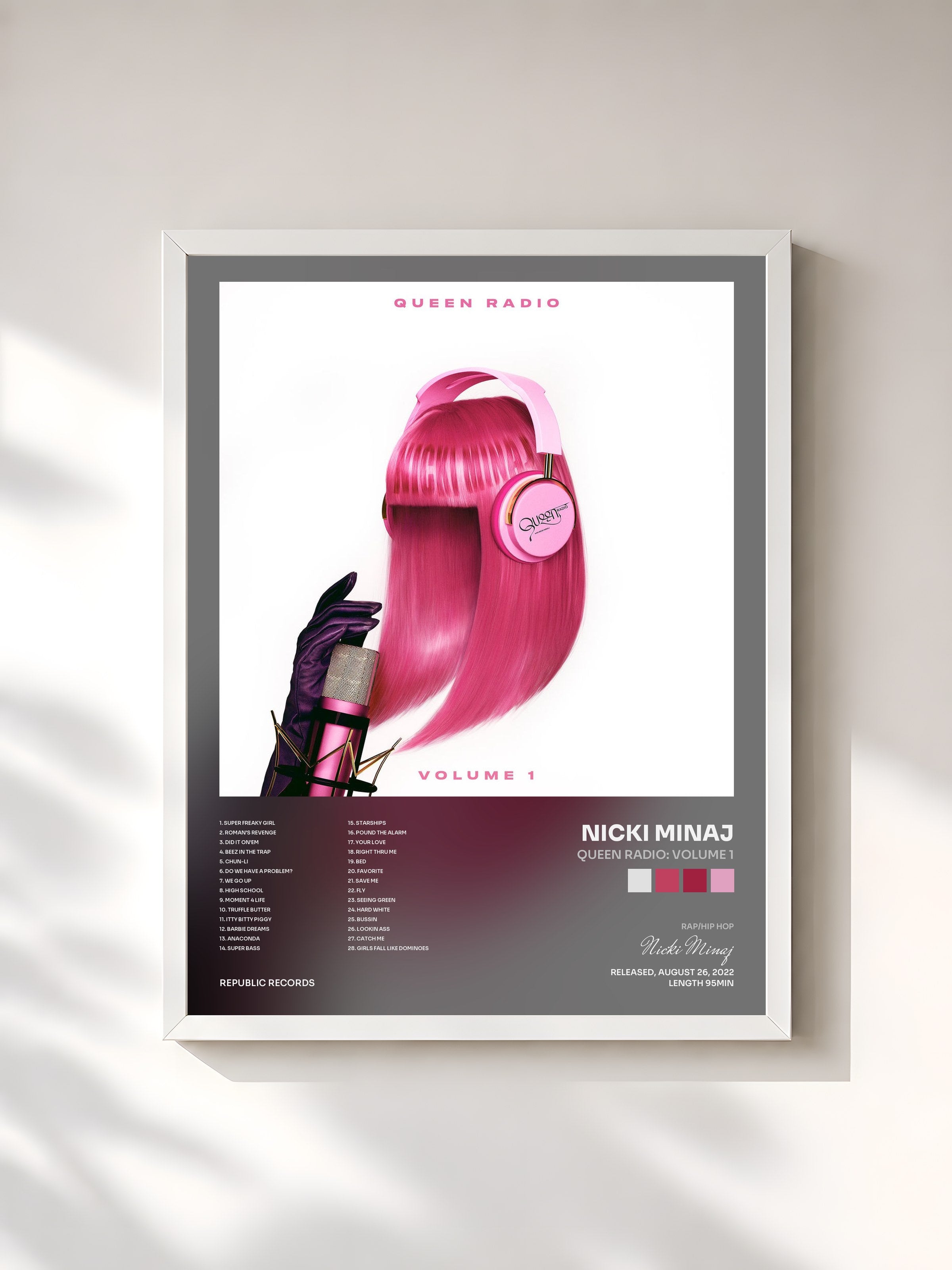 #blanc Tableau de l'album Queen Radio: Volume 1 de Nicki Minaj, cadre blanc, imprimé et encadré en France