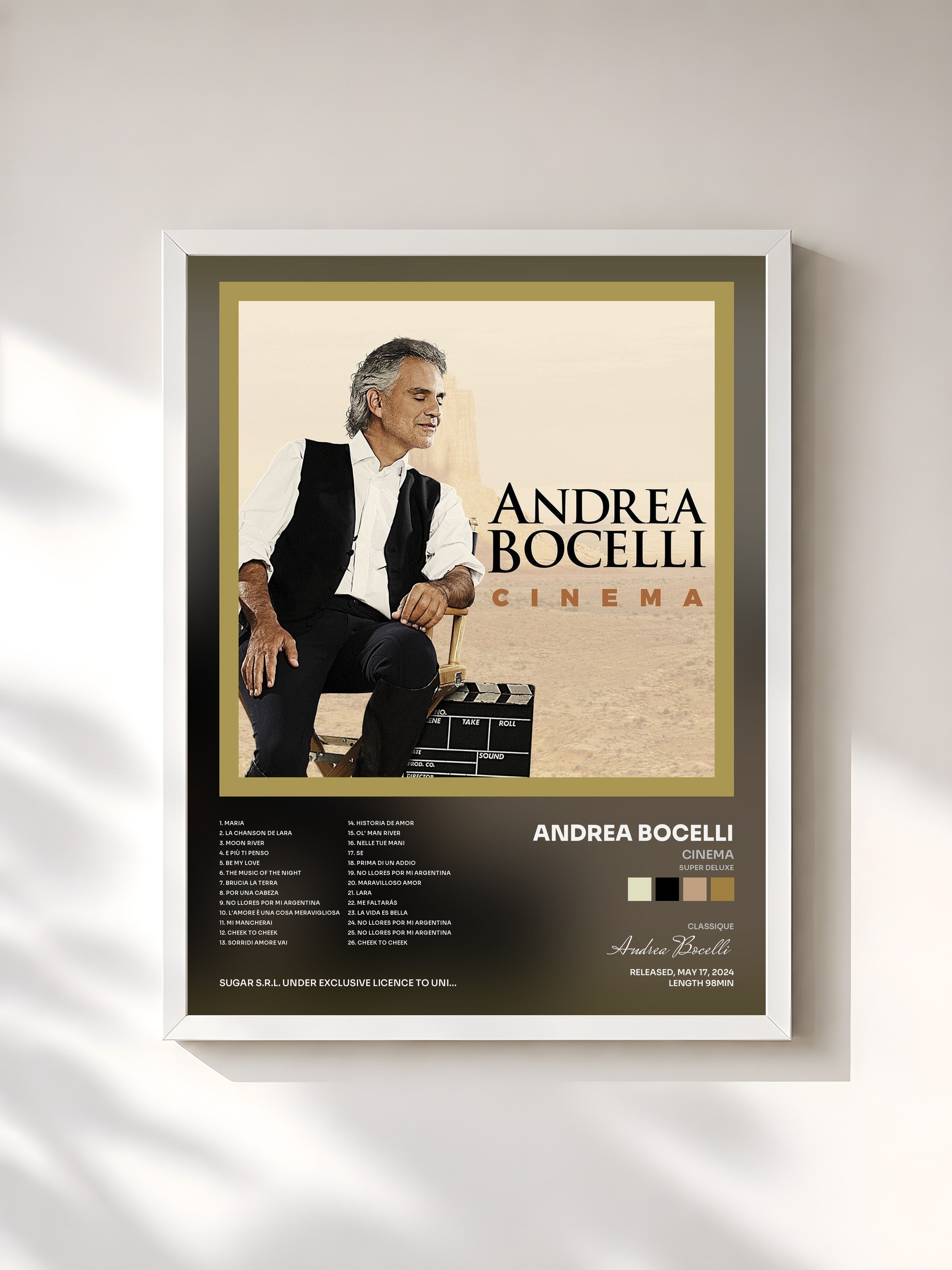 #blanc Tableau de l'album Cinema (Super Deluxe) de Andrea Bocelli, cadre blanc, imprimé et encadré en France