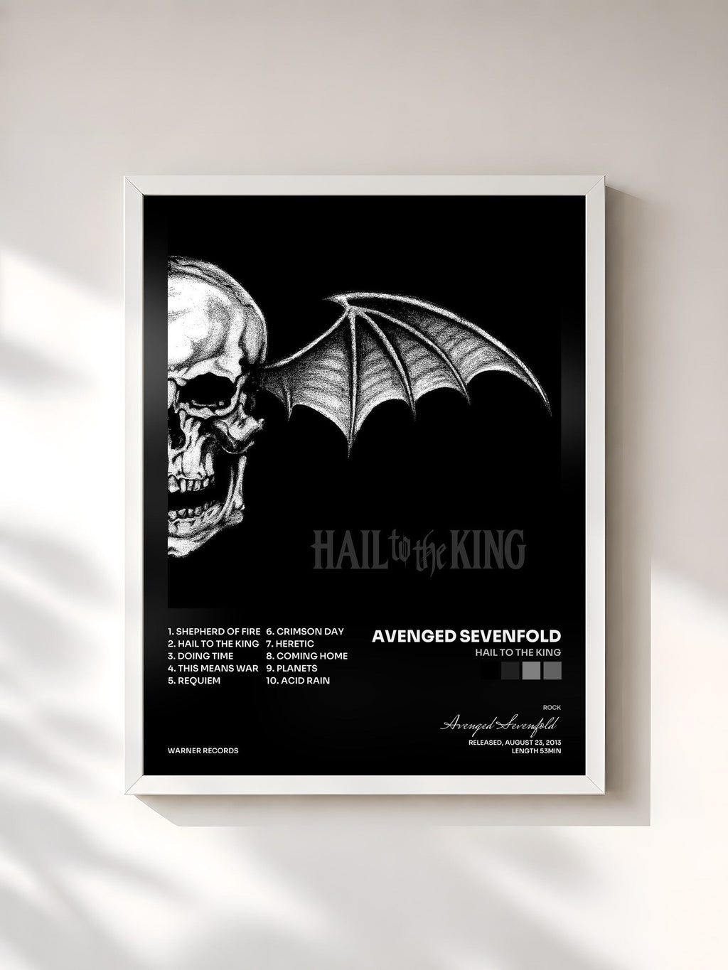 #blanc Tableau de l'album Hail to the King de Avenged Sevenfold, cadre blanc, imprimé et encadré en France