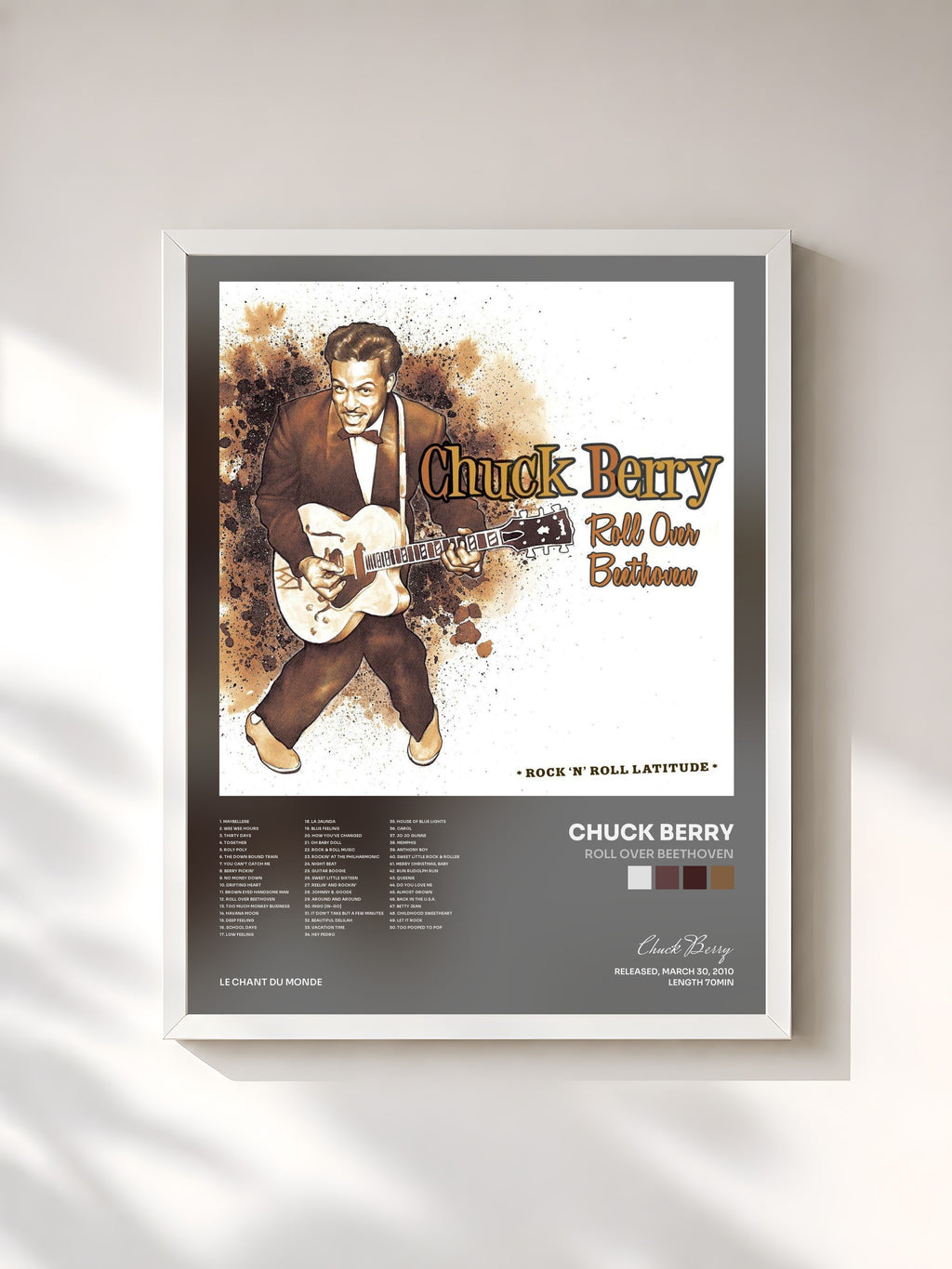 #blanc Tableau de l'album Roll Over Beethoven de Chuck Berry, cadre blanc, imprimé et encadré en France