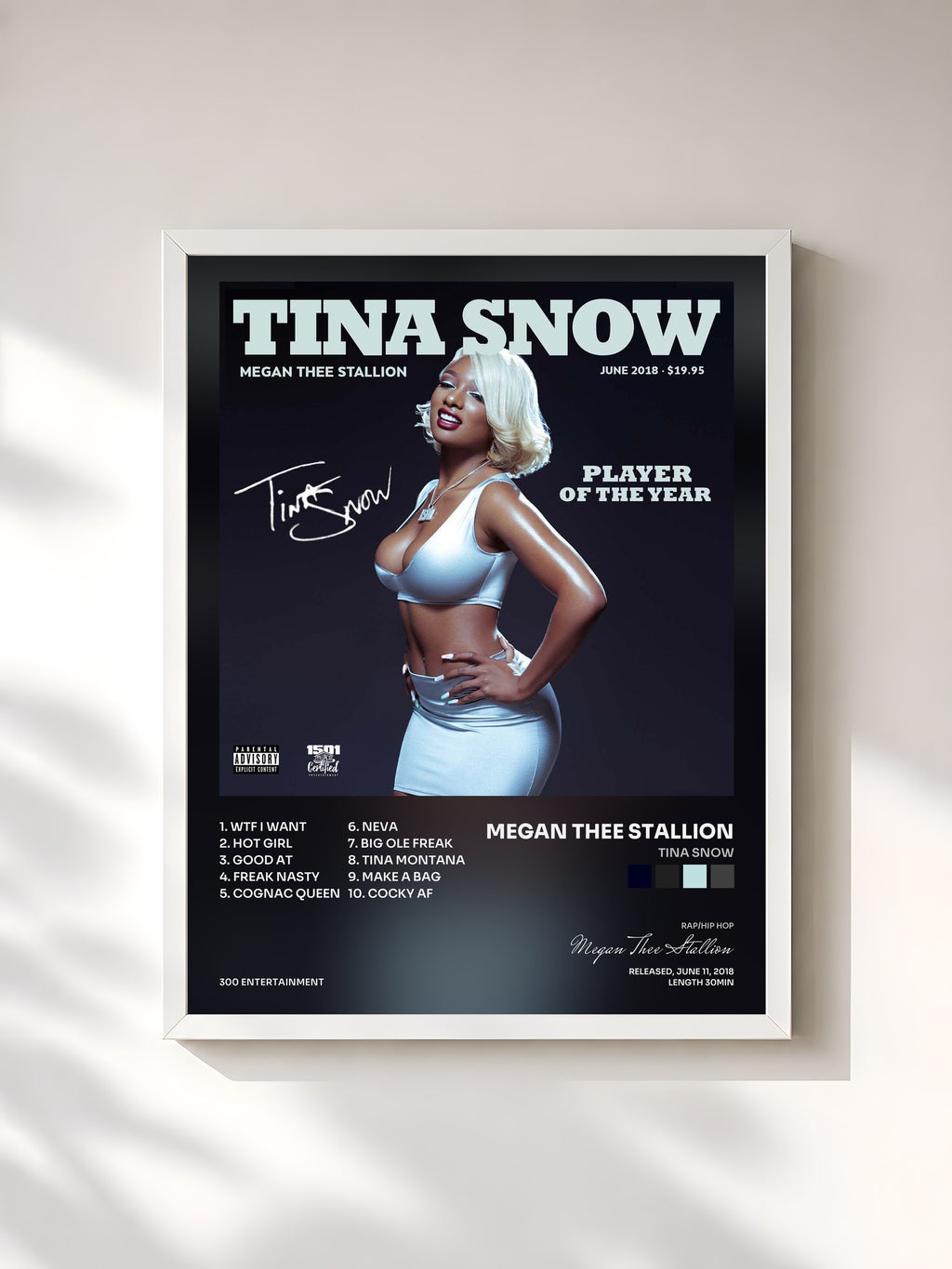 #blanc Tableau de l'album Tina Snow de Megan Thee Stallion, cadre blanc, imprimé et encadré en France