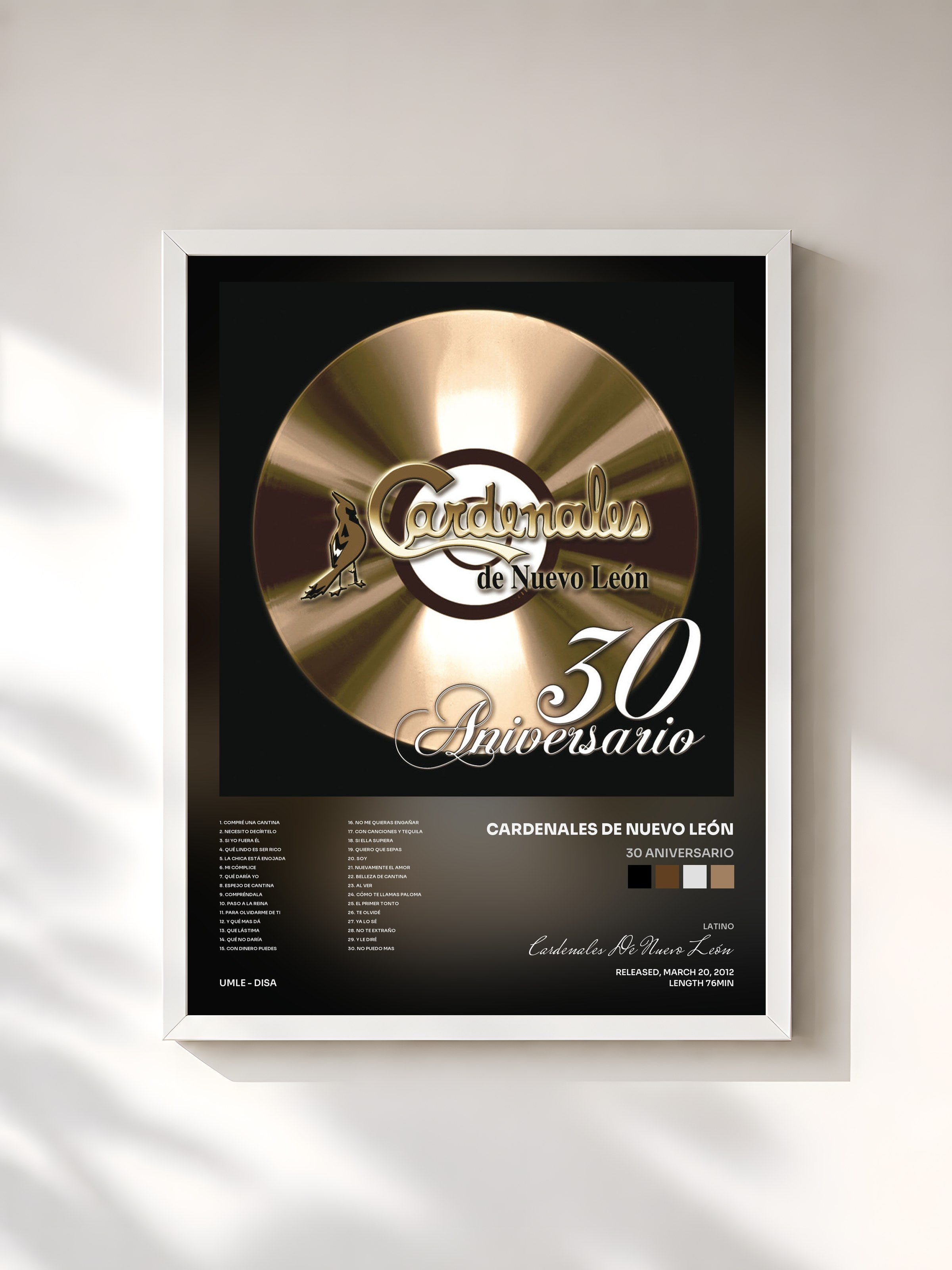 #blanc Tableau de l'album 30 Aniversario de Cardenales De Nuevo León, cadre blanc, imprimé et encadré en France
