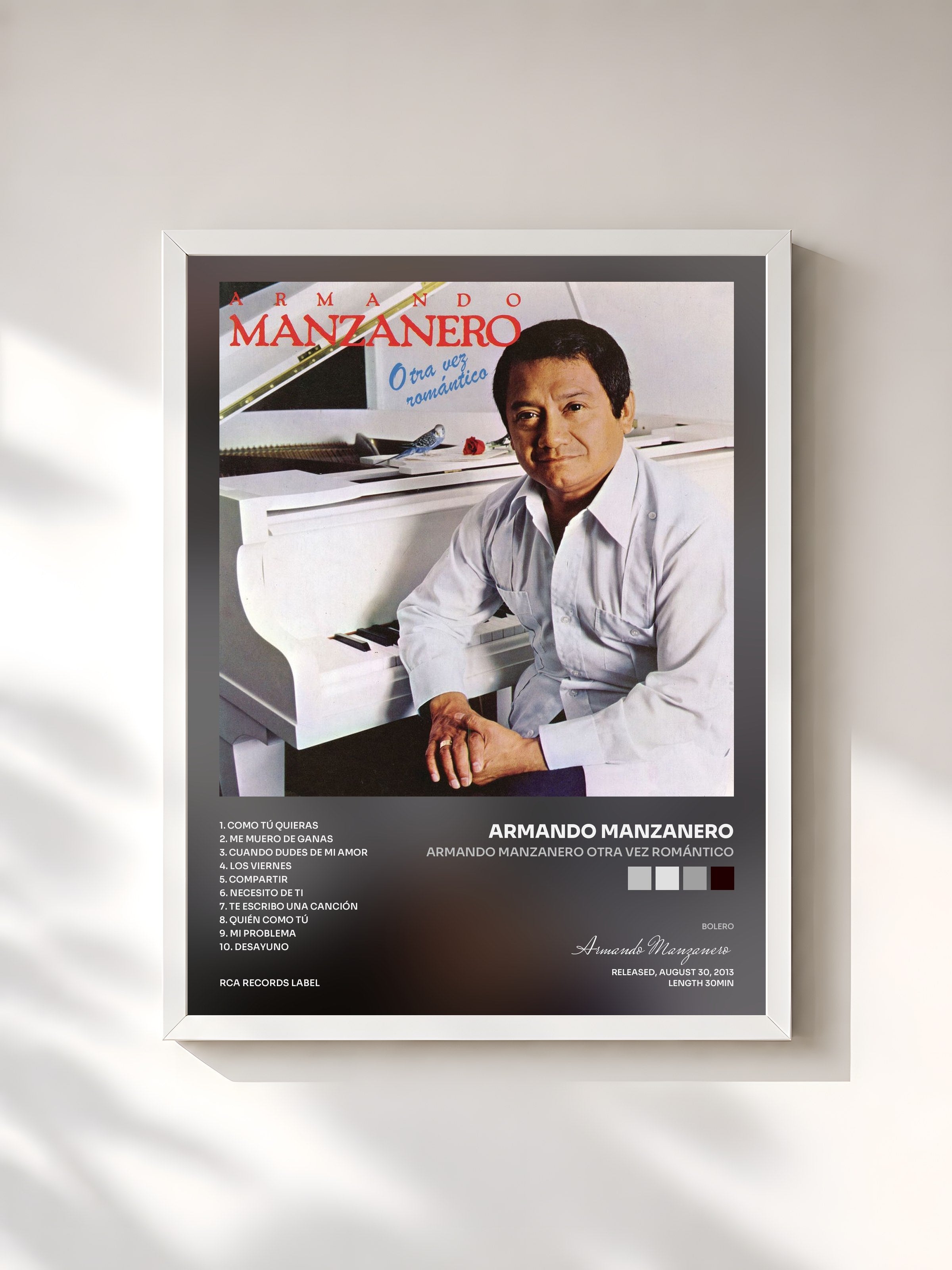 #blanc Tableau de l'album Armando Manzanero Otra Vez Romántico de Armando Manzanero, cadre blanc, imprimé et encadré en France