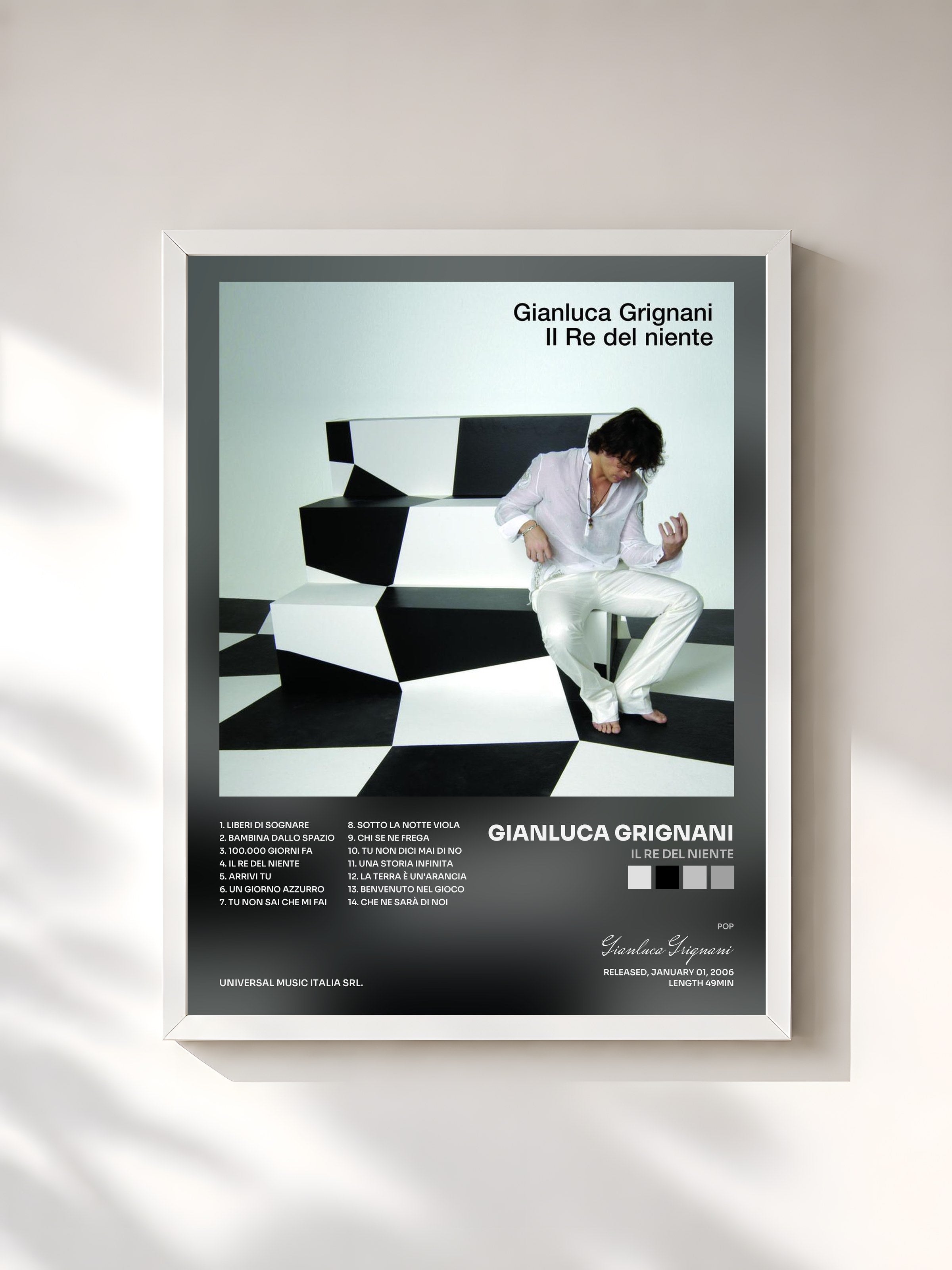 #blanc Tableau de l'album Il Re Del Niente de Gianluca Grignani, cadre blanc, imprimé et encadré en France