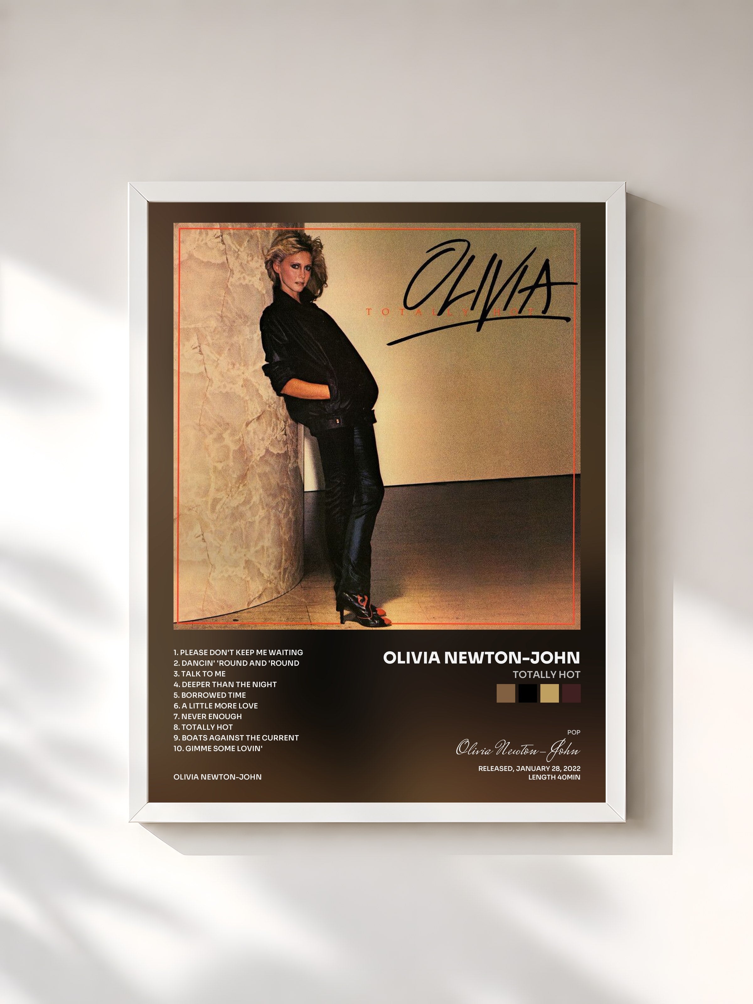 #blanc Tableau de l'album Totally Hot de Olivia Newton-John, cadre blanc, imprimé et encadré en France
