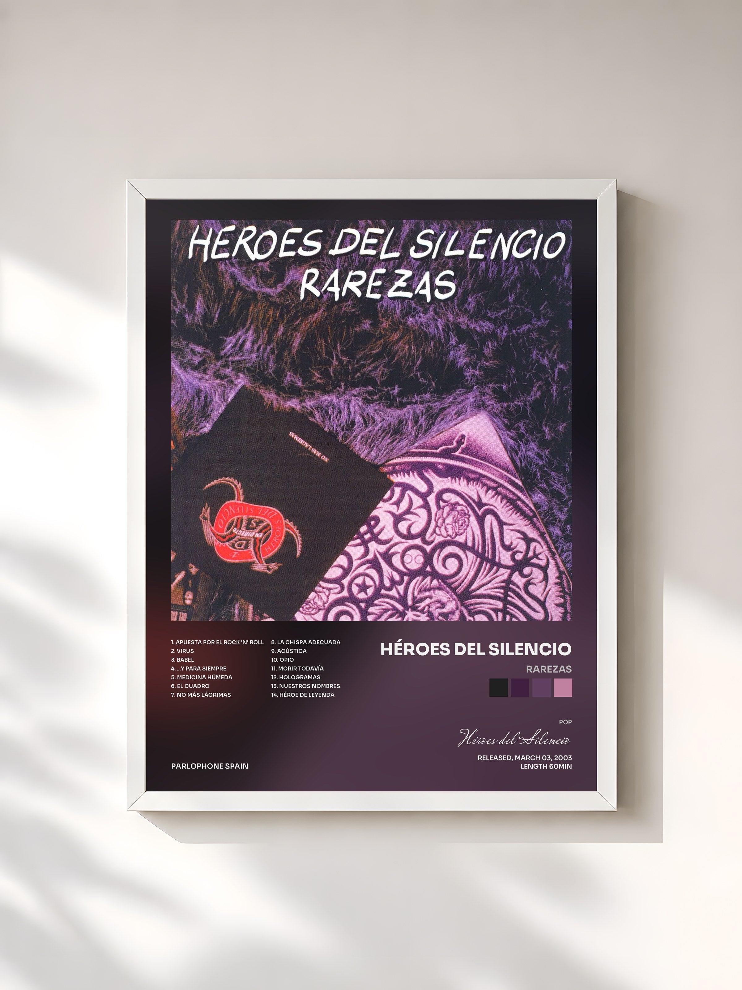 #blanc Tableau de l'album Rarezas de Héroes del Silencio, cadre blanc, imprimé et encadré en France