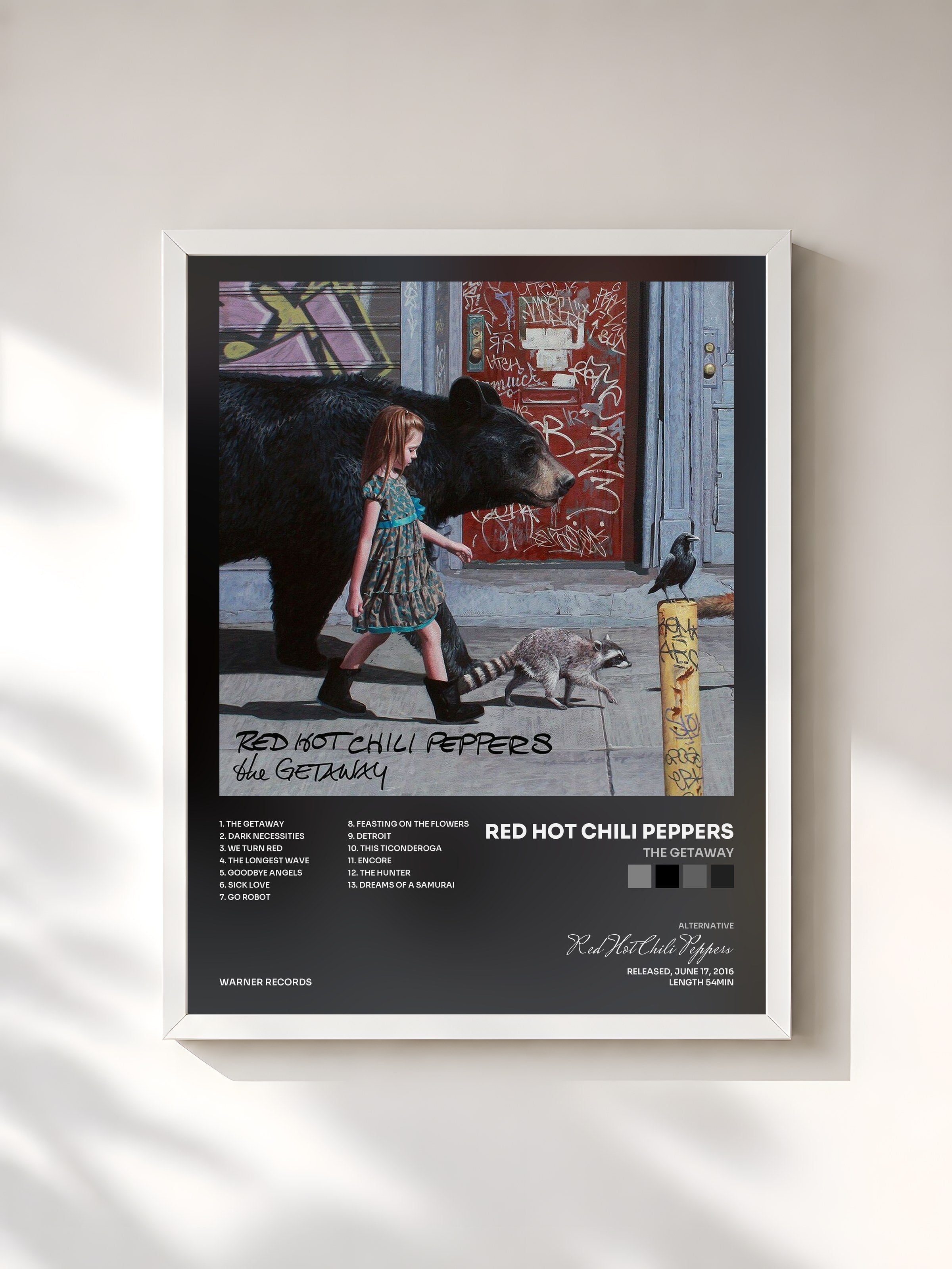 #blanc Tableau de l'album The Getaway de Red Hot Chili Peppers, cadre blanc, imprimé et encadré en France