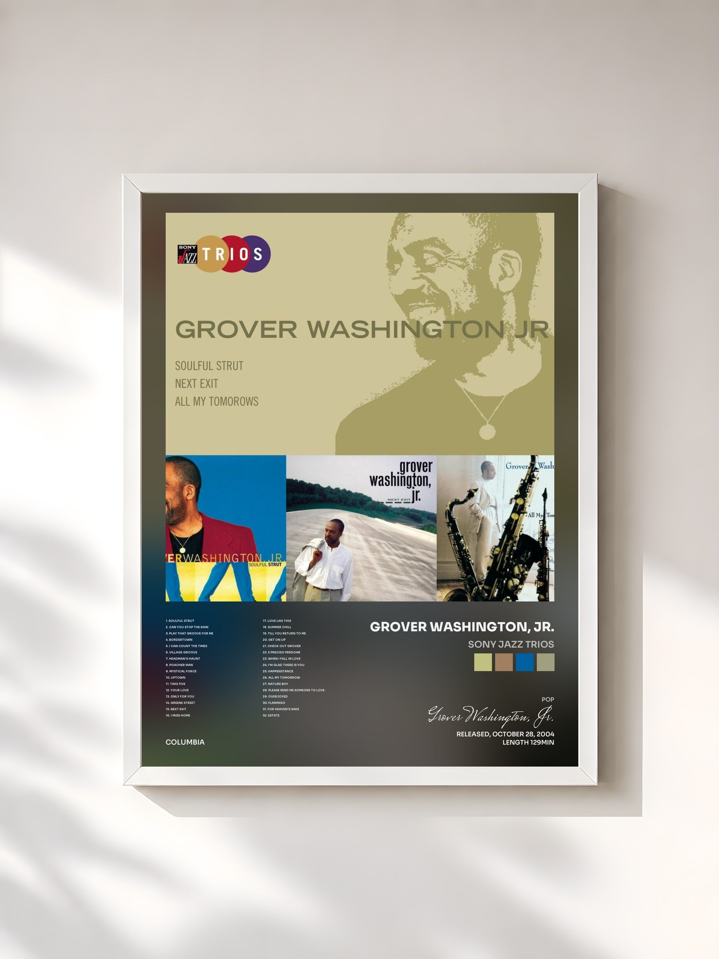 #blanc Tableau de l'album Sony Jazz Trios de Grover Washington, Jr., cadre blanc, imprimé et encadré en France