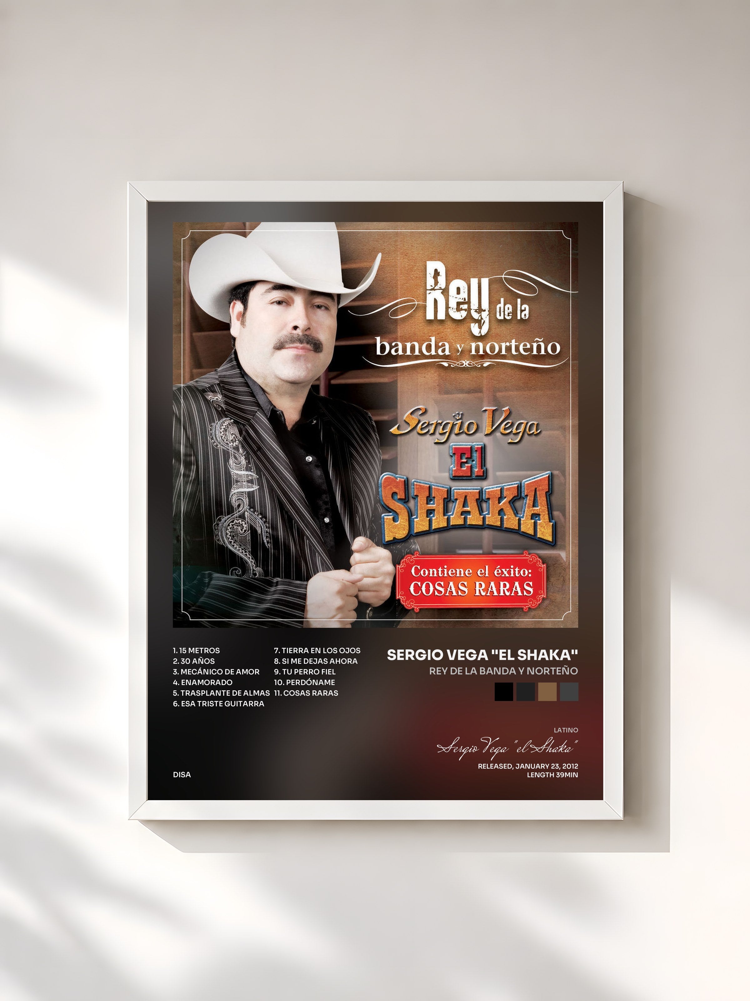 #blanc Tableau de l'album Rey De La Banda Y Norteño de Sergio Vega "el Shaka", cadre blanc, imprimé et encadré en France