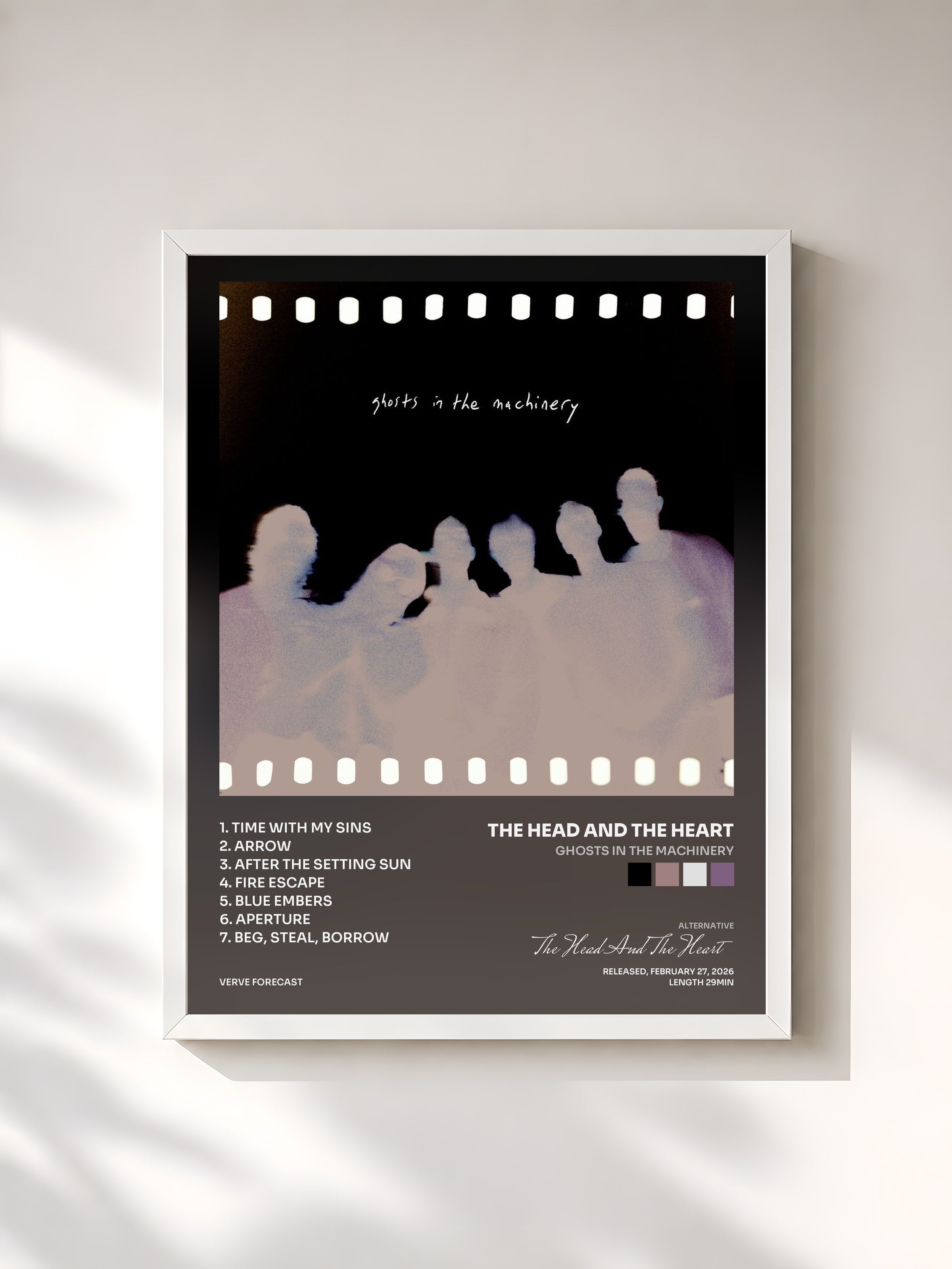 #blanc Tableau de l'album Ghosts In The Machinery de The Head And The Heart, cadre blanc, imprimé et encadré en France