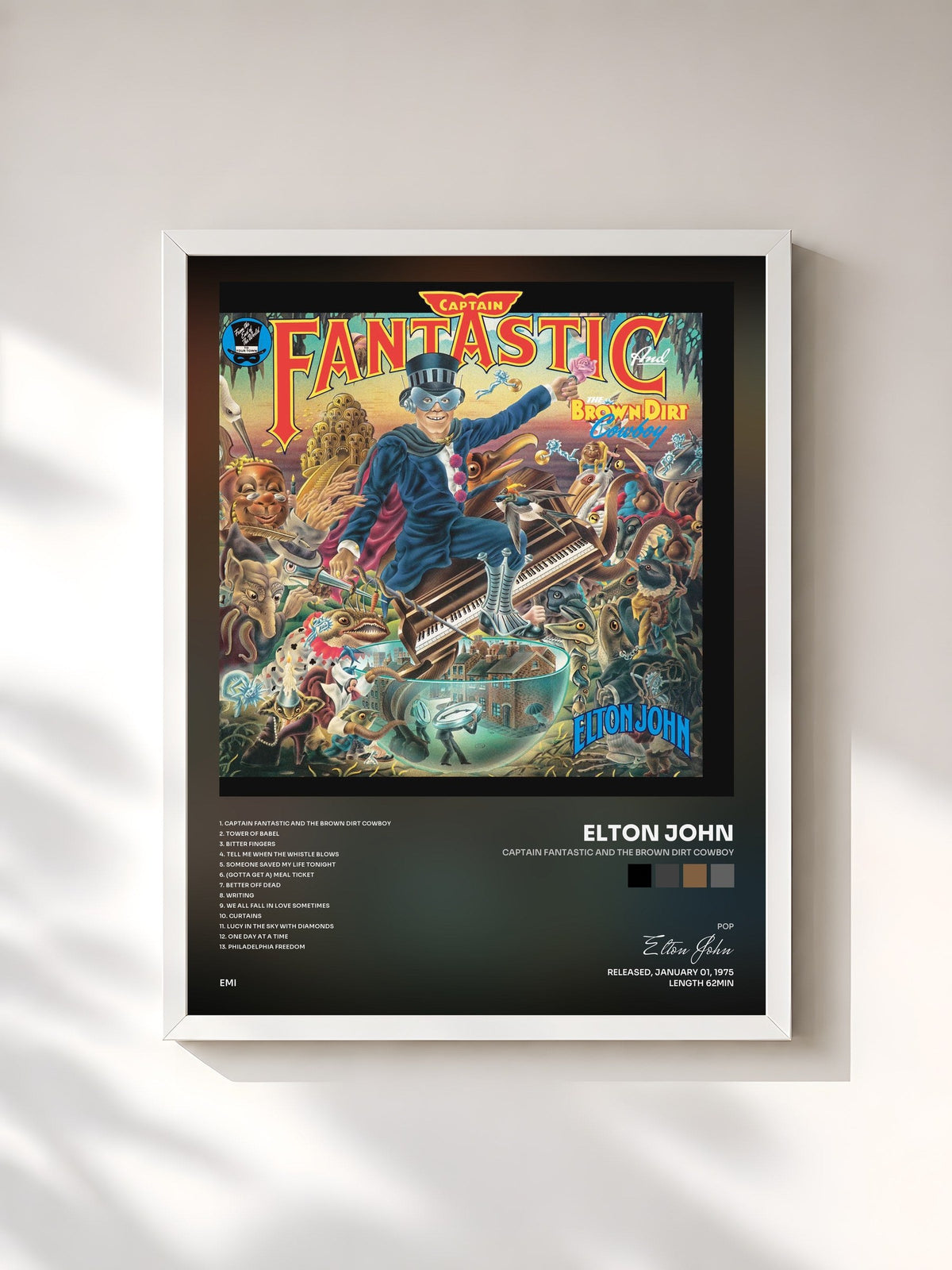 #blanc Tableau de l'album Captain Fantastic And The Brown Dirt Cowboy de Elton John, cadre blanc, imprimé et encadré en France