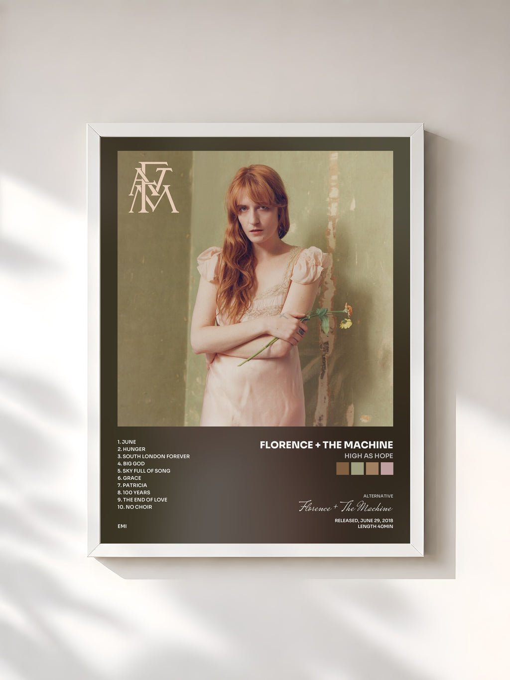 #blanc Tableau de l'album High As Hope de Florence + The Machine, cadre blanc, imprimé et encadré en France