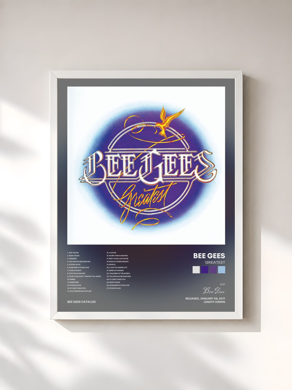 #blanc Tableau de l'album Greatest de Bee Gees, cadre blanc, imprimé et encadré en France