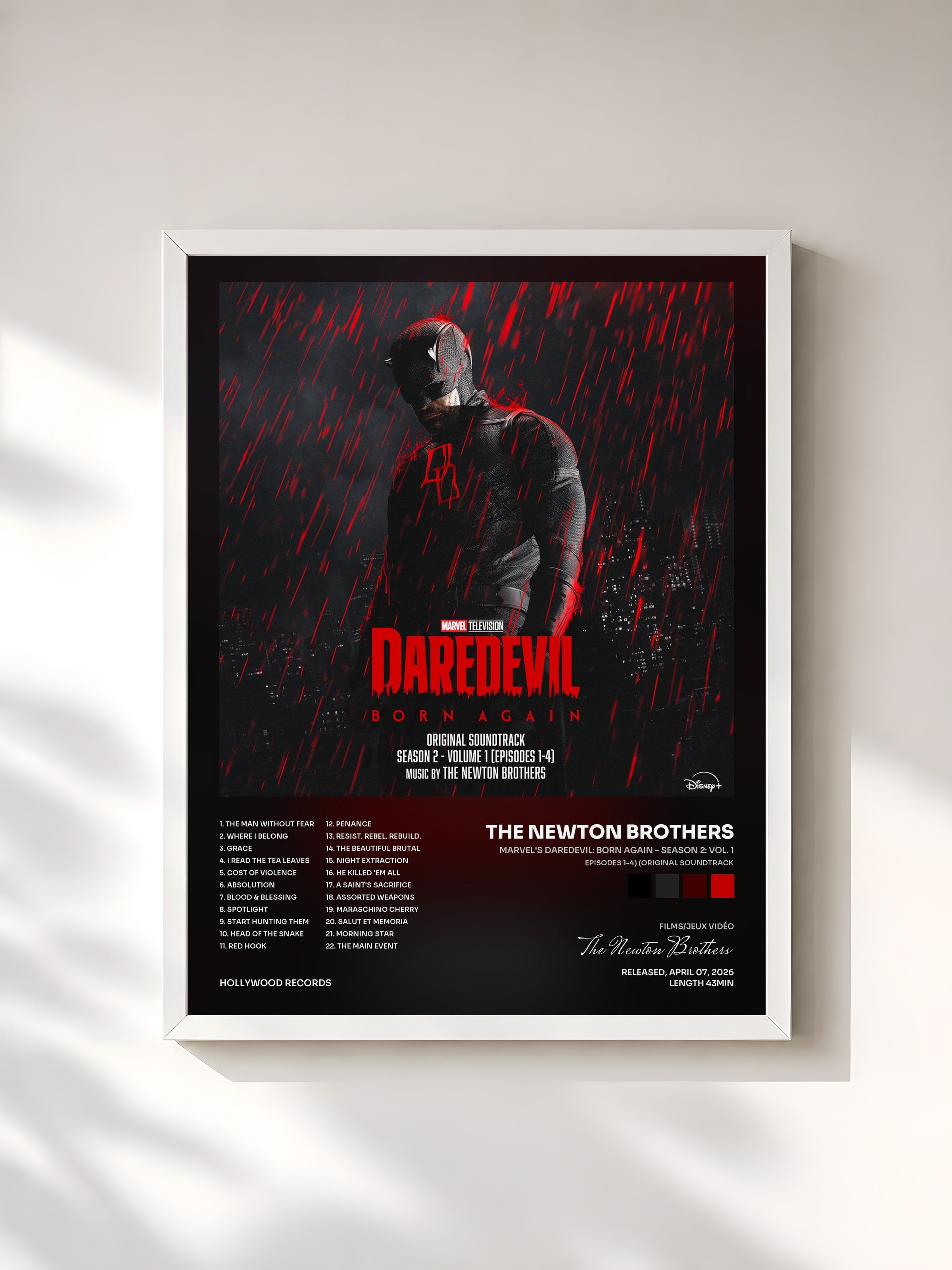 #blanc Tableau de l'album Marvel's Daredevil: Born Again - Season 2: Vol. 1 (Episodes 1-4) (Original Soundtrack) de The Newton Brothers, cadre blanc, imprimé et encadré en France