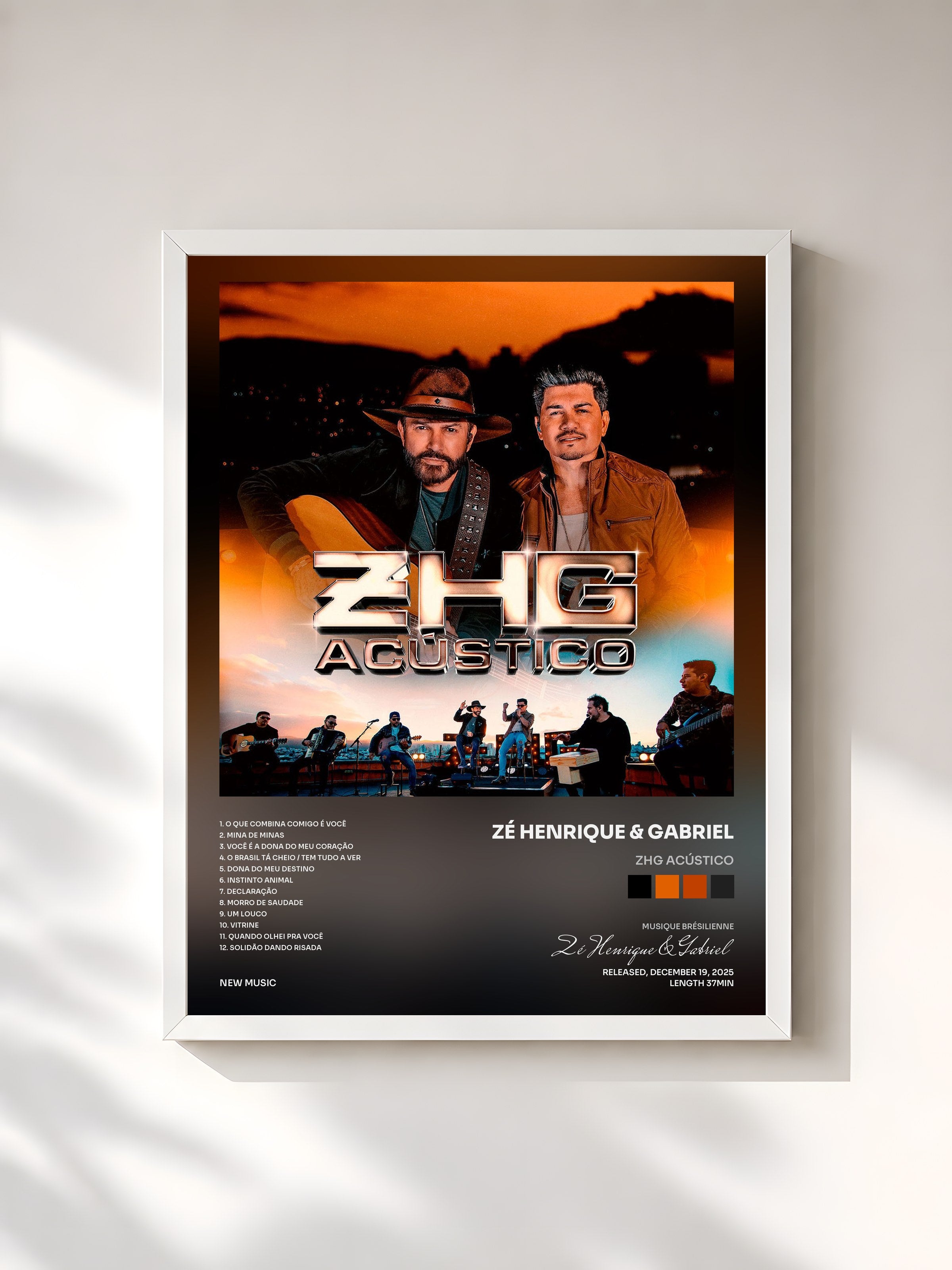 #blanc Tableau de l'album ZHG Acústico de Zé Henrique & Gabriel, cadre blanc, imprimé et encadré en France