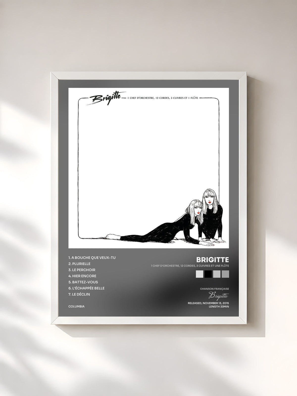 #blanc Tableau de l'album 1 chef d'orchestre, 12 cordes, 3 cuivres et une flûte de Brigitte, cadre blanc, imprimé et encadré en France