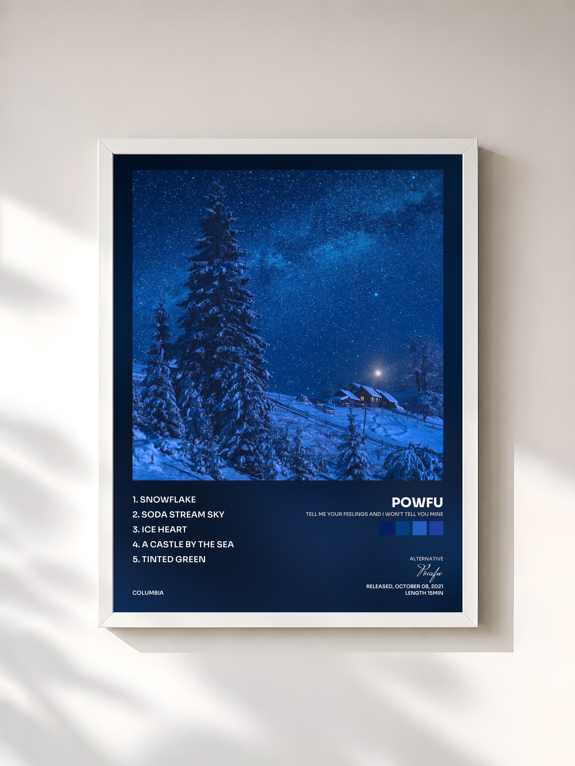 #blanc Tableau de l'album tell me your feelings and i won't tell you mine de Powfu, cadre blanc, imprimé et encadré en France