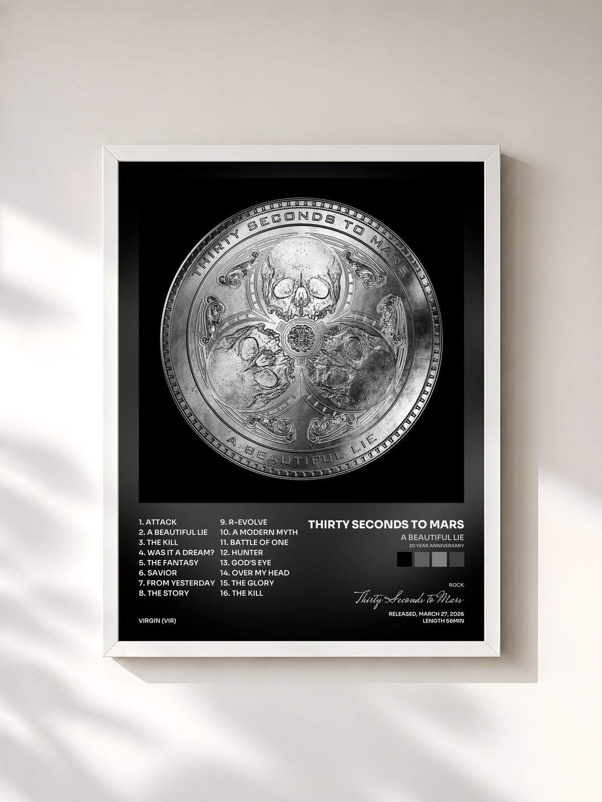 #blanc Tableau de l'album A Beautiful Lie (20 Year Anniversary) de Thirty Seconds to Mars, cadre blanc, imprimé et encadré en France