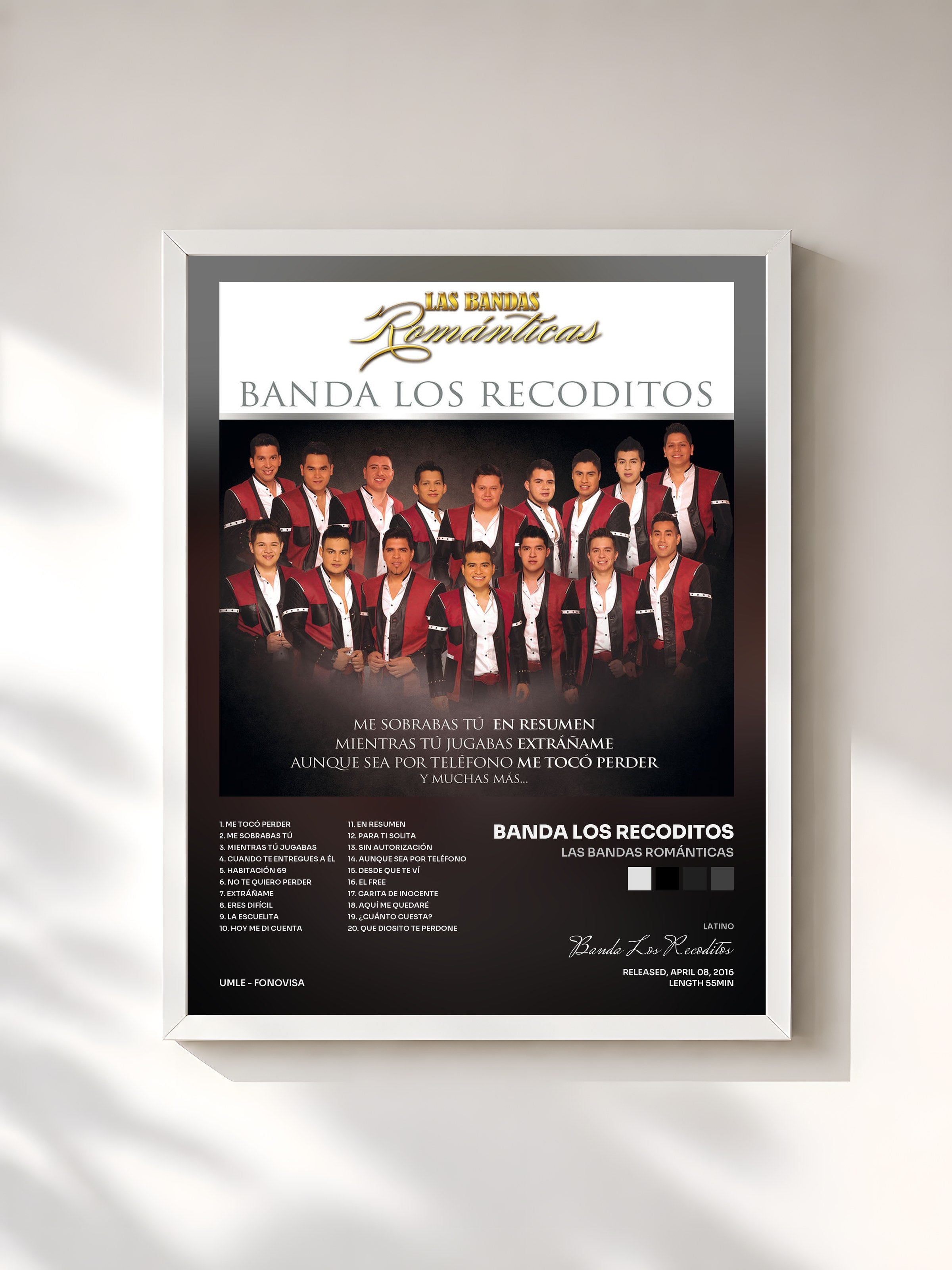 #blanc Tableau de l'album Las Bandas Románticas de Banda Los Recoditos, cadre blanc, imprimé et encadré en France