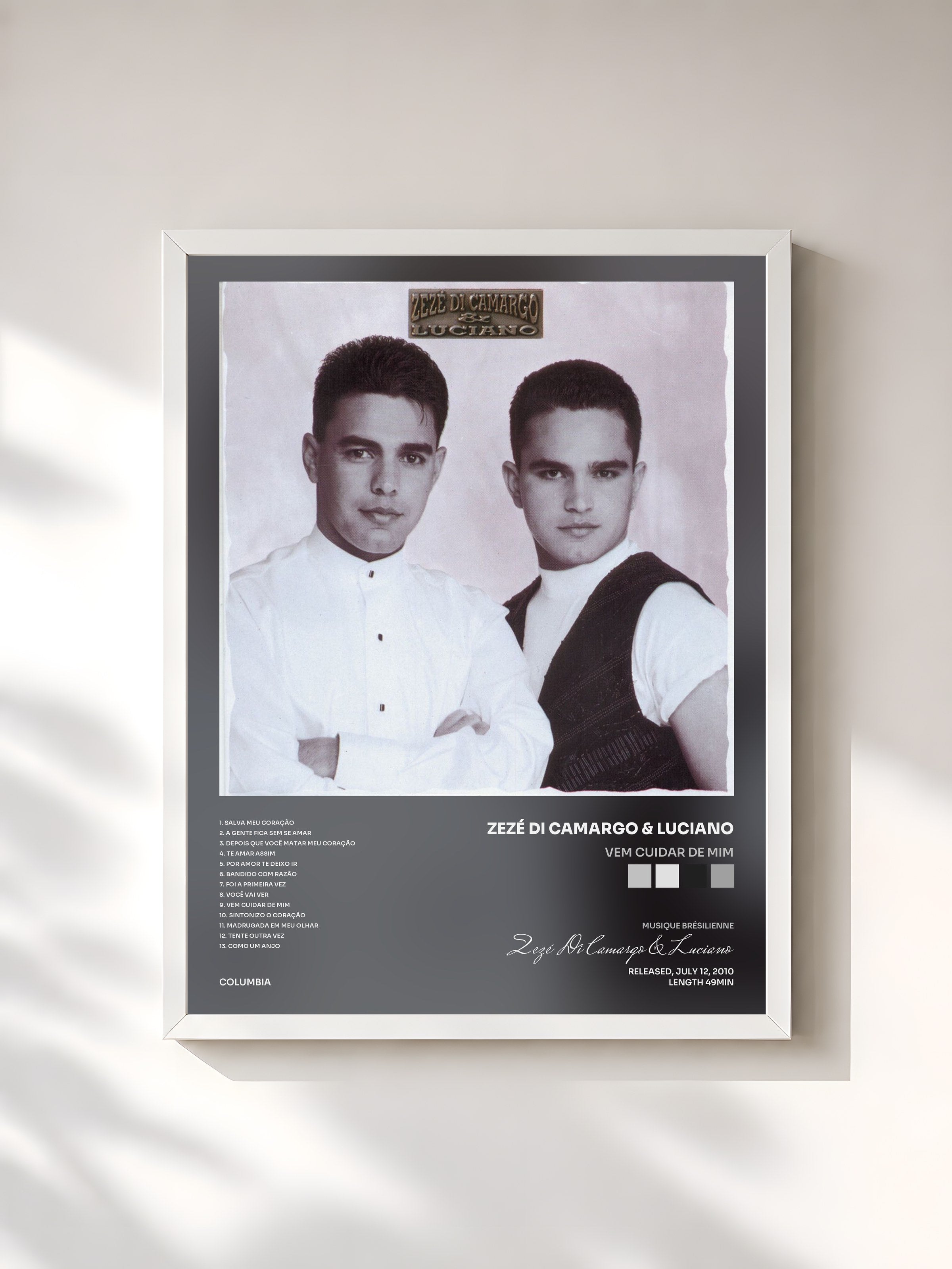 #blanc Tableau de l'album Vem Cuidar De Mim de Zezé Di Camargo & Luciano, cadre blanc, imprimé et encadré en France