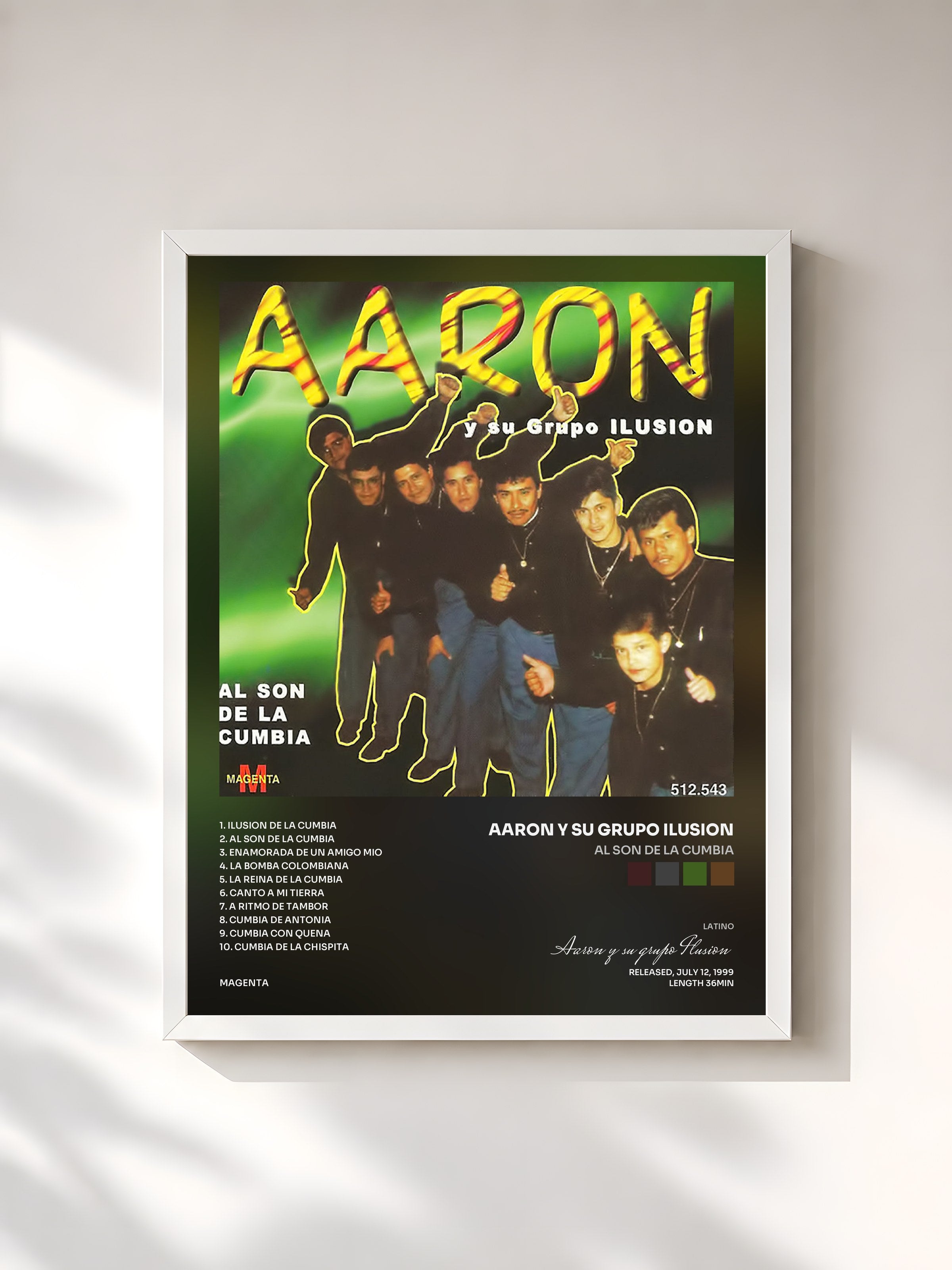 #blanc Tableau de l'album Al Son de la Cumbia de Aaron y su grupo Ilusion, cadre blanc, imprimé et encadré en France