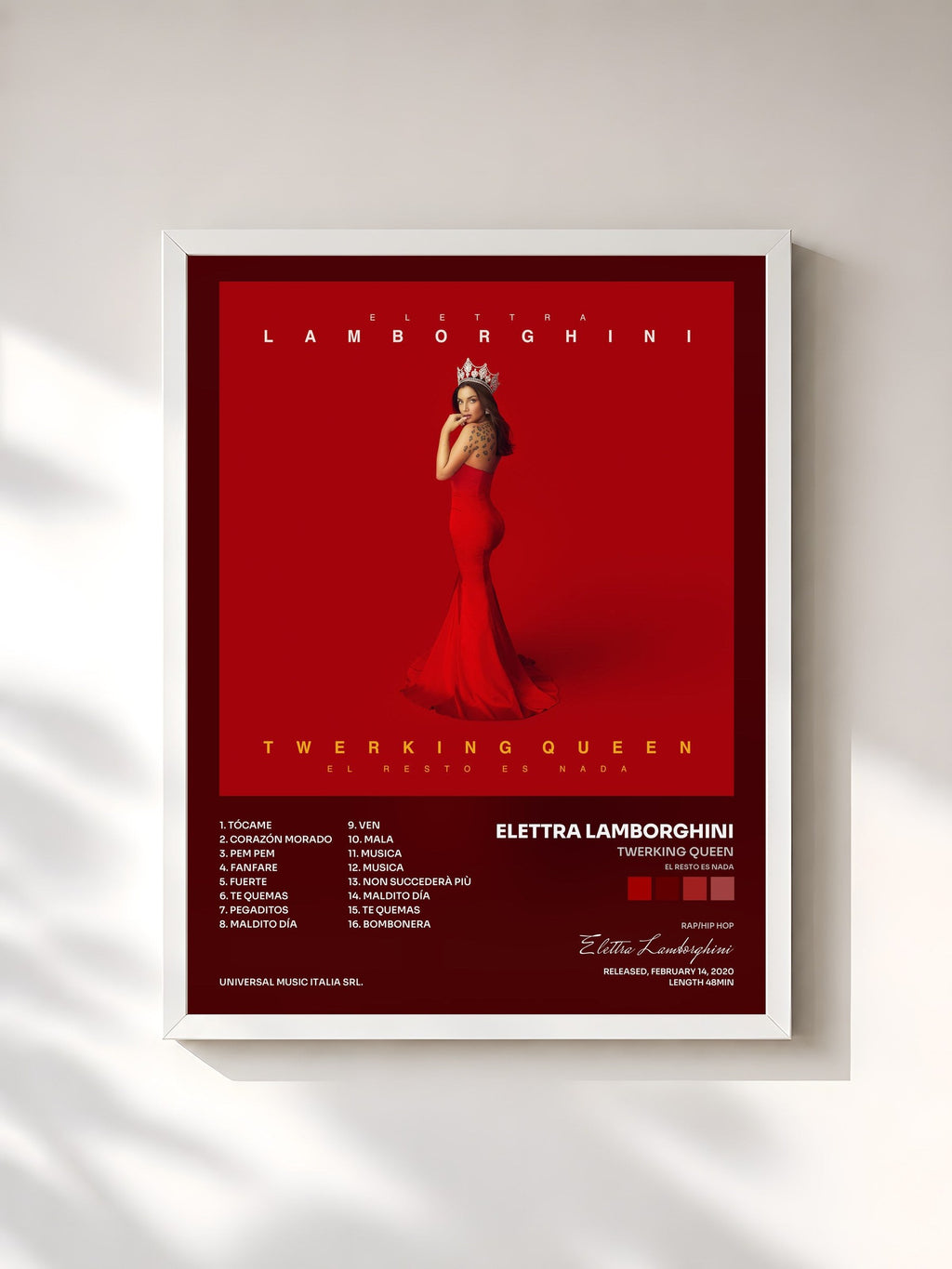 #blanc Tableau de l'album Twerking Queen (El Resto Es Nada) de Elettra Lamborghini, cadre blanc, imprimé et encadré en France