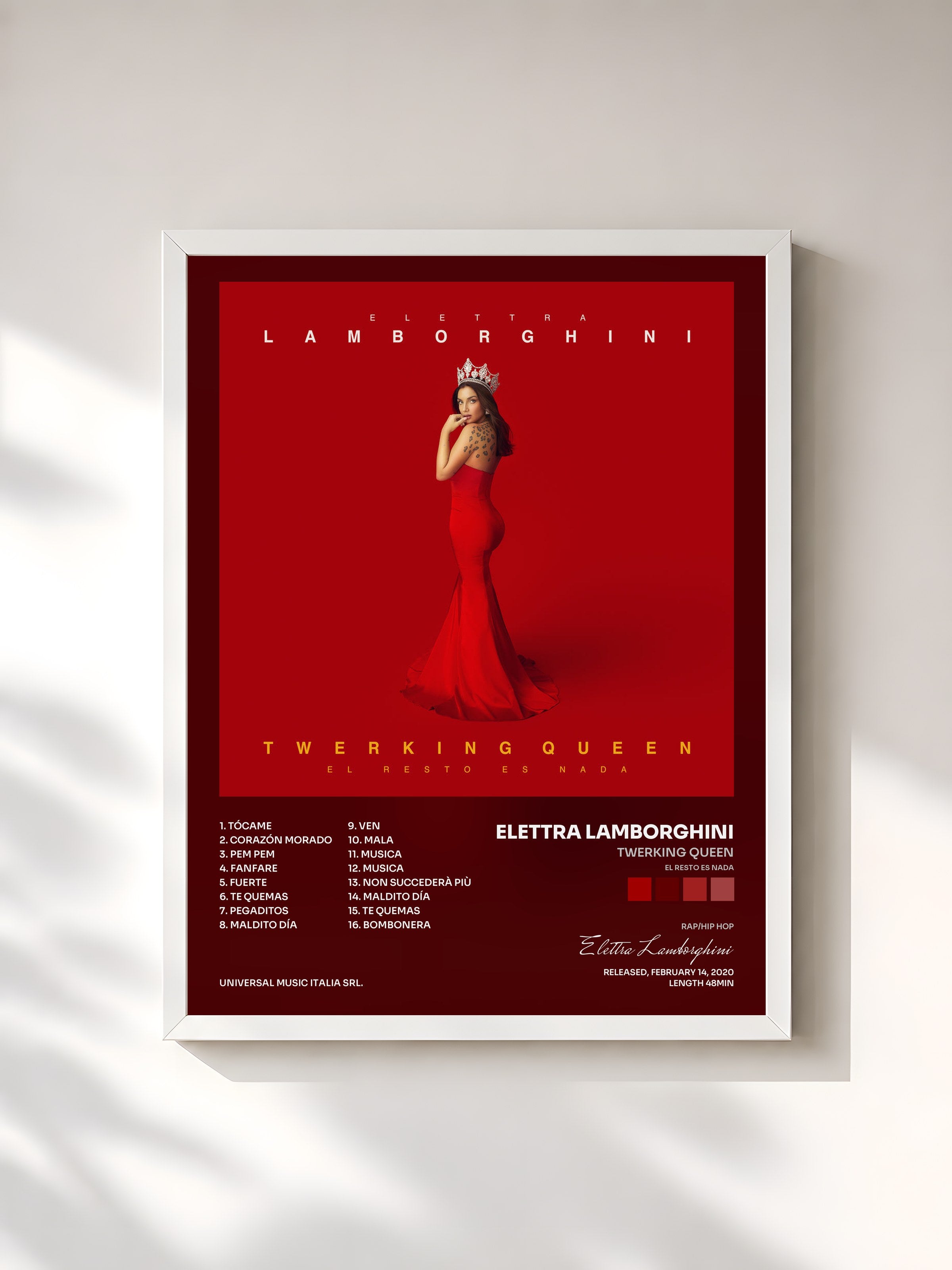 #blanc Tableau de l'album Twerking Queen (El Resto Es Nada) de Elettra Lamborghini, cadre blanc, imprimé et encadré en France