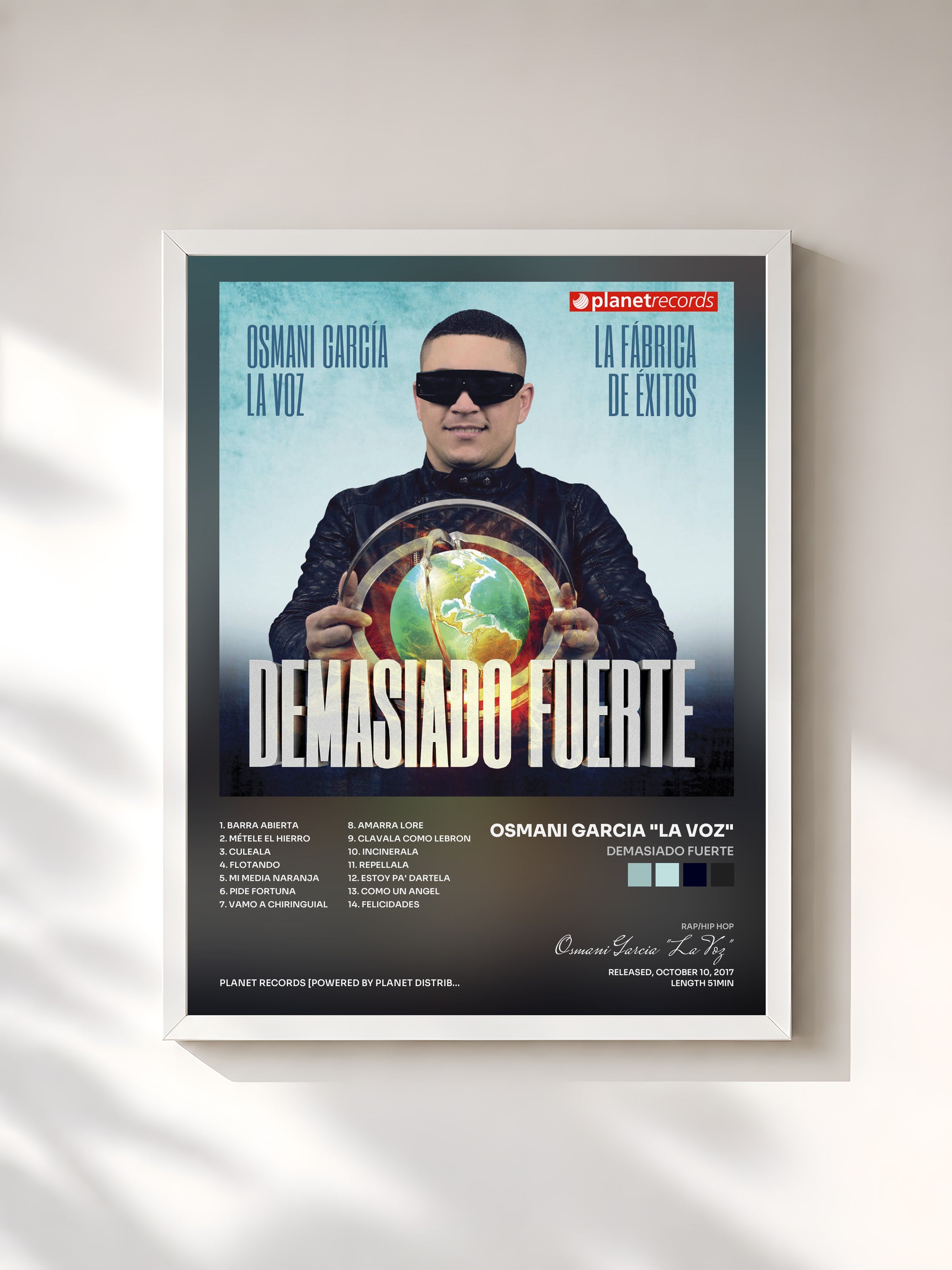 #blanc Tableau de l'album Demasiado Fuerte de Osmani Garcia "La Voz", cadre blanc, imprimé et encadré en France