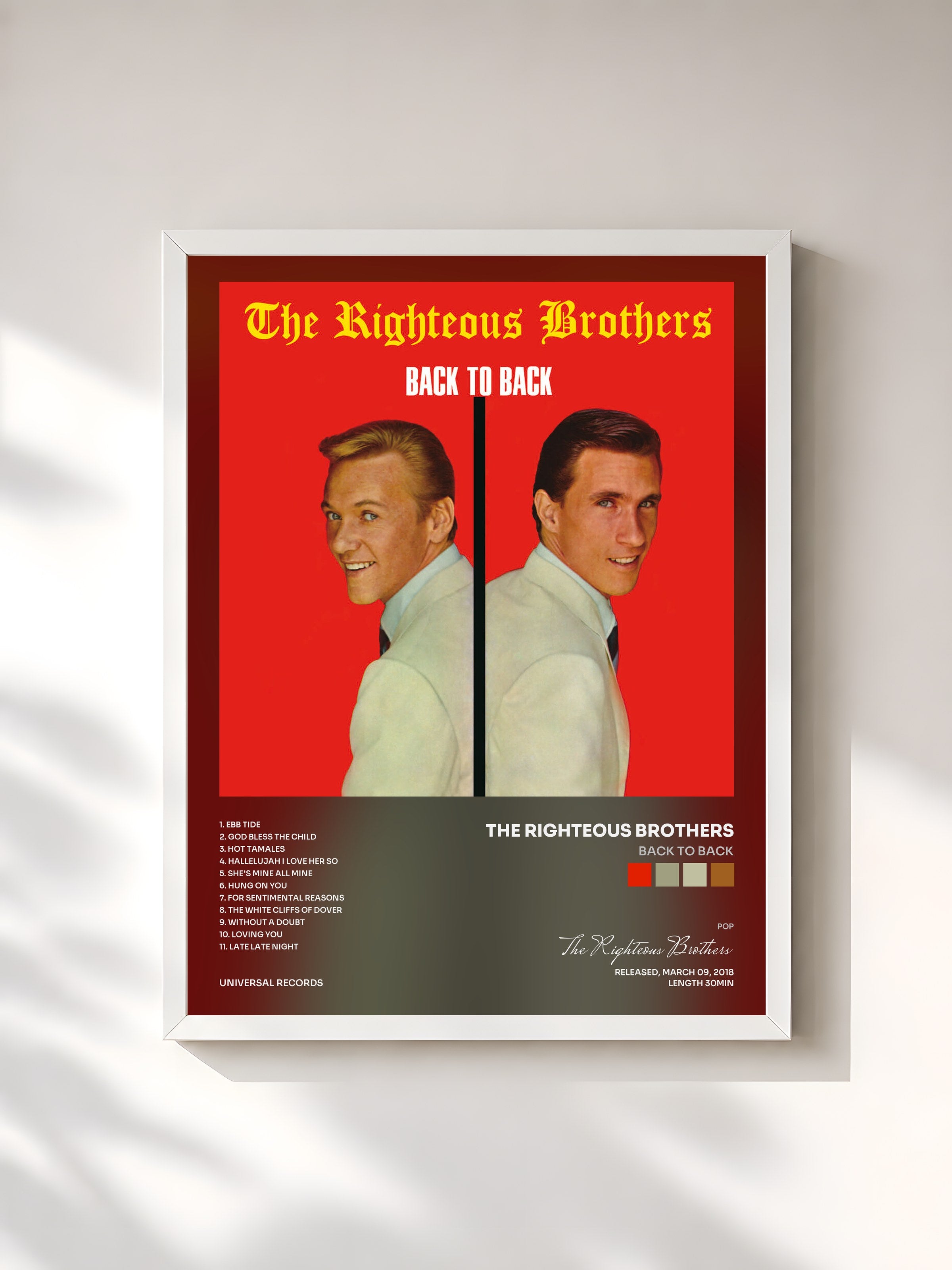 #blanc Tableau de l'album Back To Back de The Righteous Brothers, cadre blanc, imprimé et encadré en France