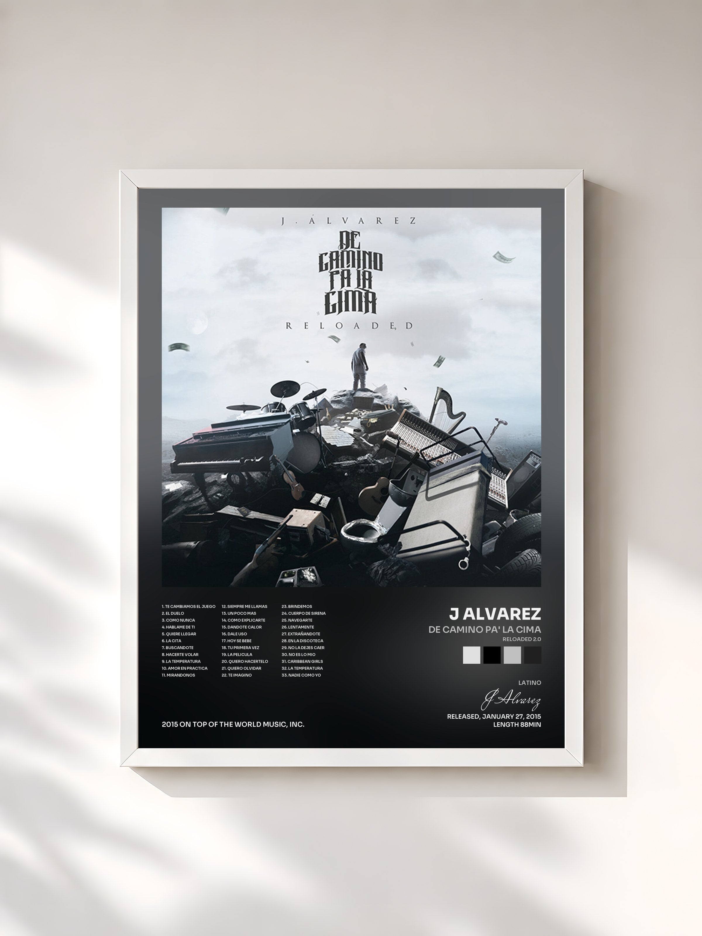 #blanc Tableau de l'album De Camino Pa' la Cima (Reloaded 2.0) de J Alvarez, cadre blanc, imprimé et encadré en France