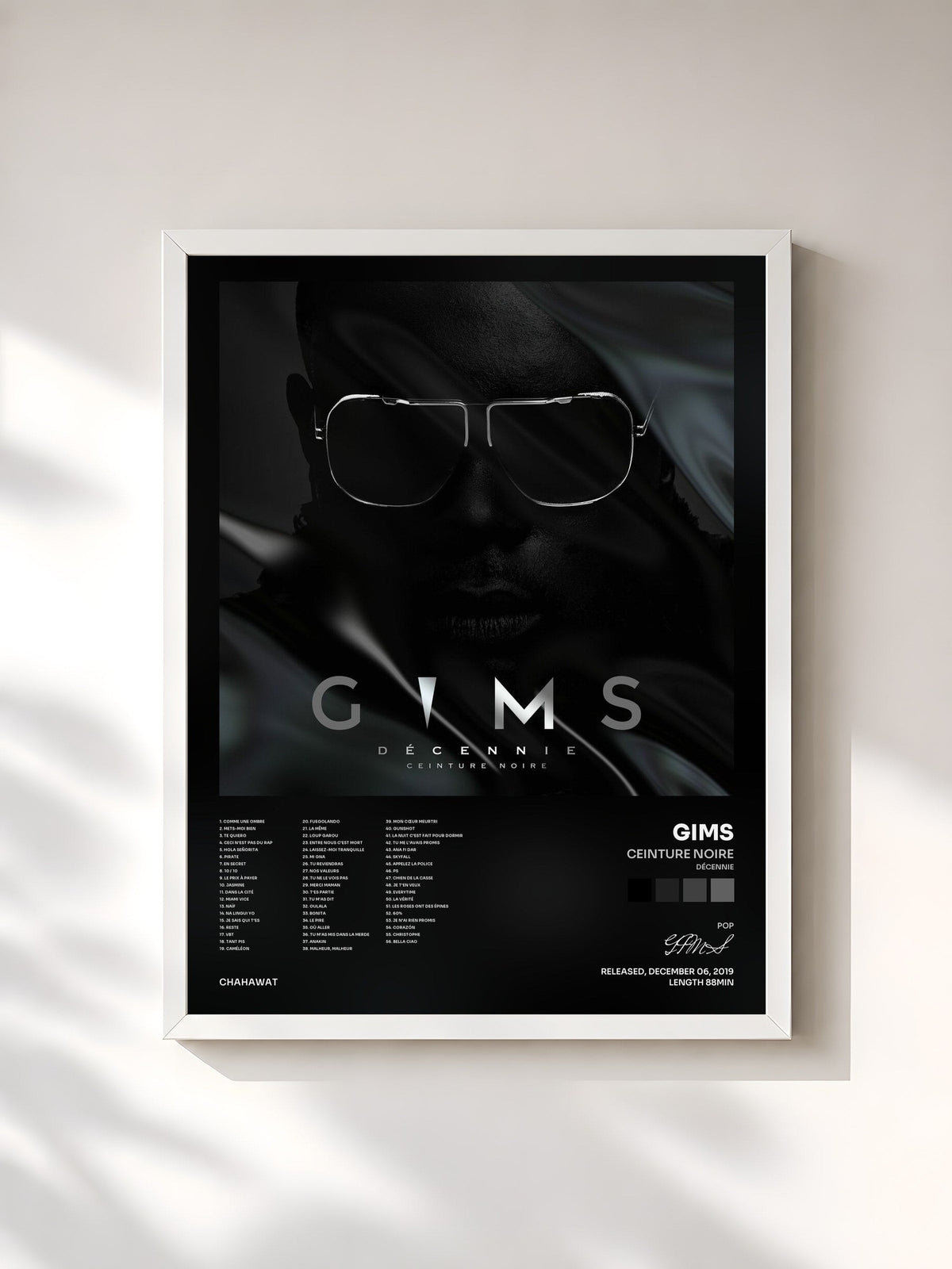 #blanc Tableau de l'album Ceinture noire (Décennie) de GIMS, cadre blanc, imprimé et encadré en France
