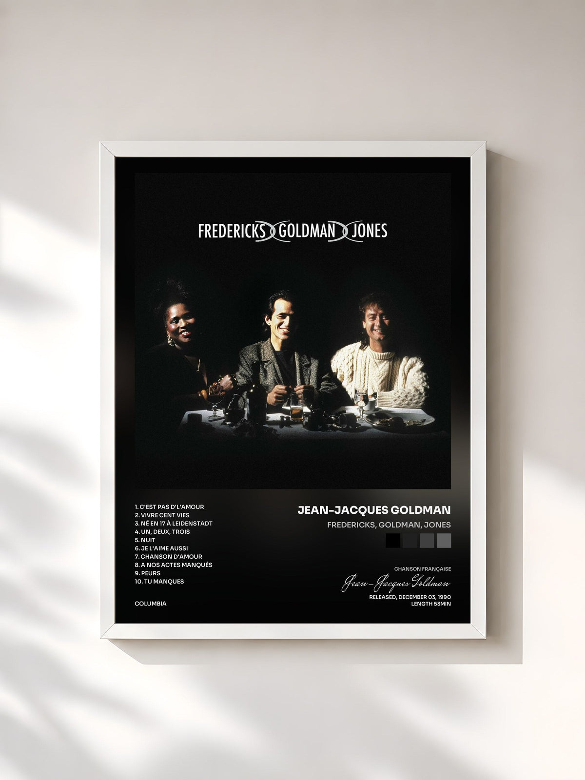 #blanc Tableau de l'album Fredericks, Goldman, Jones de Jean-Jacques Goldman, cadre blanc, imprimé et encadré en France