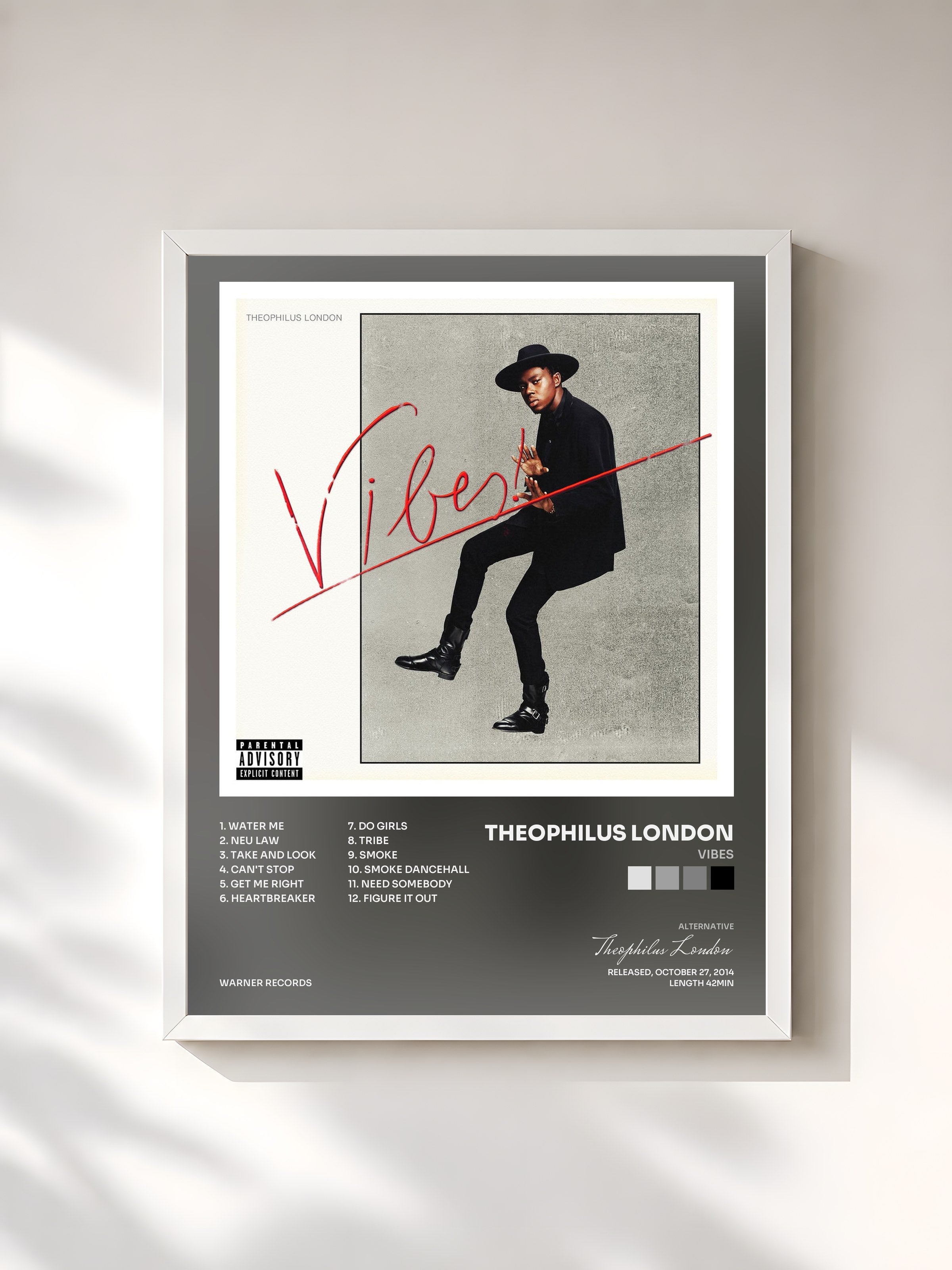 #blanc Tableau de l'album Vibes de Theophilus London, cadre blanc, imprimé et encadré en France