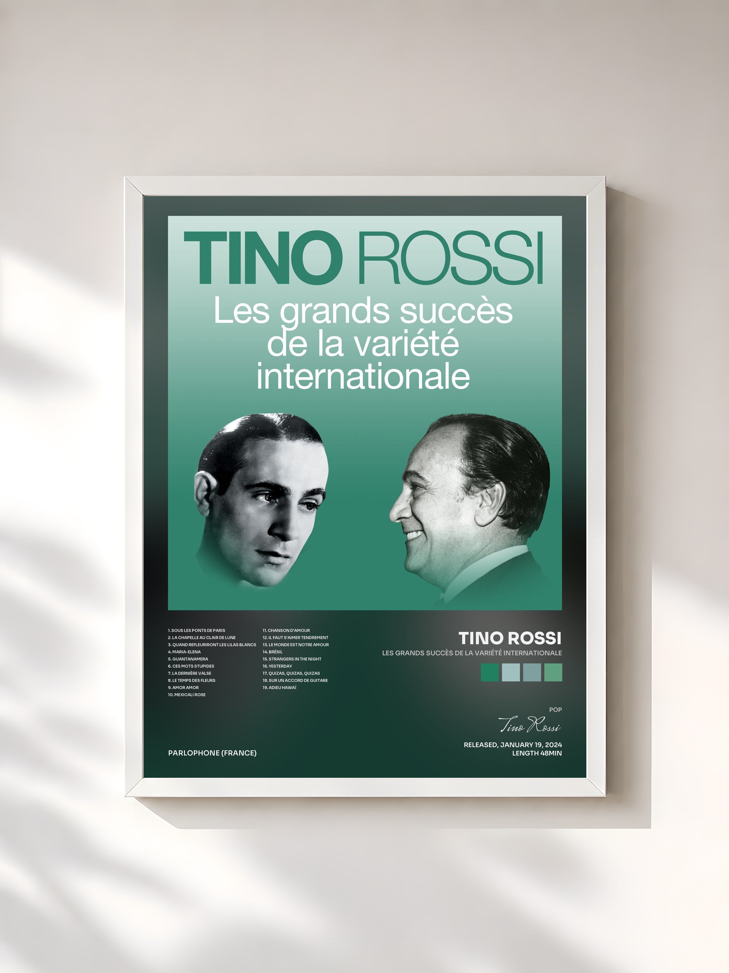 #blanc Tableau de l'album Les grands succès de la variété internationale de Tino Rossi, cadre blanc, imprimé et encadré en France