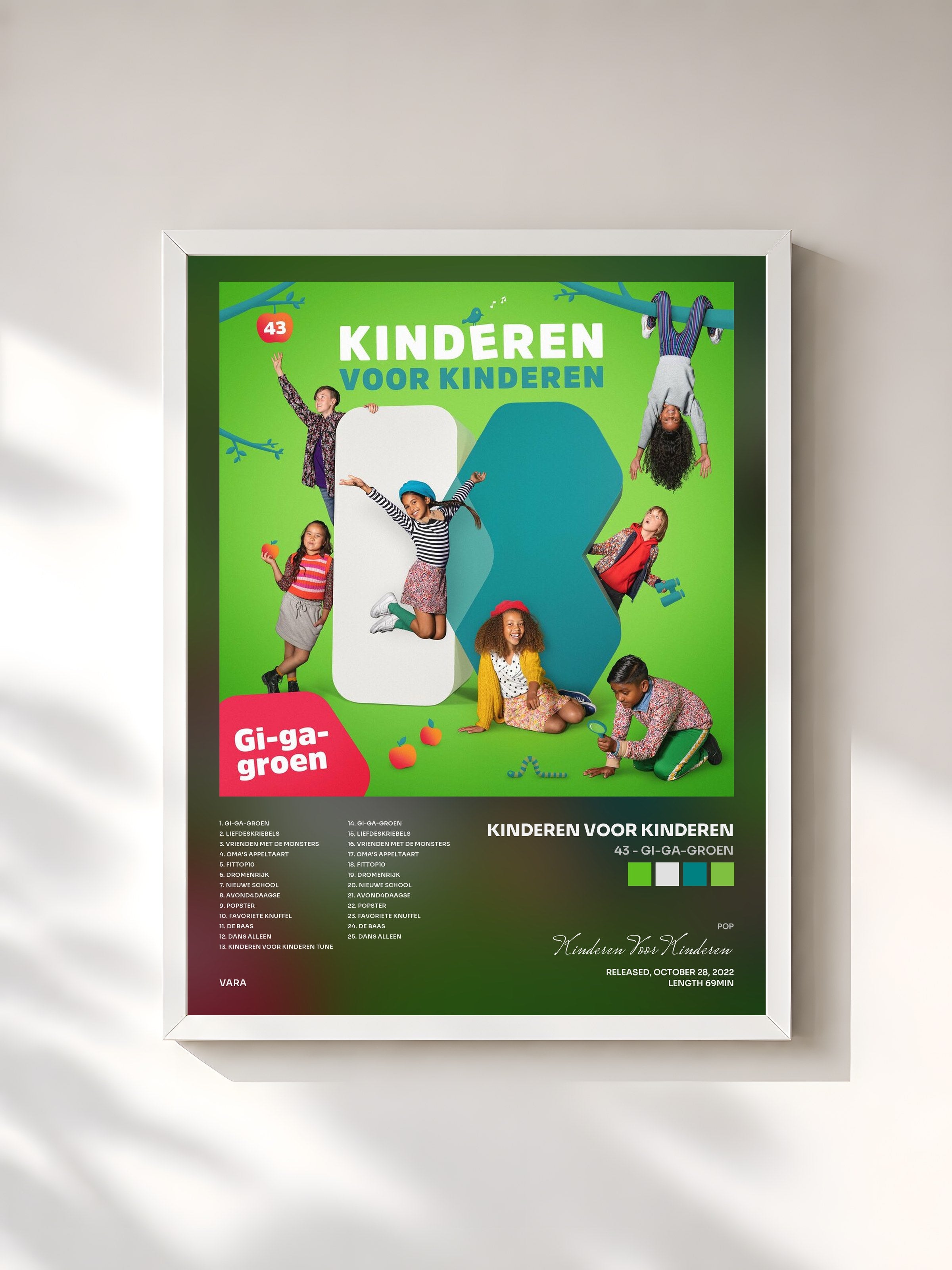 #blanc Tableau de l'album 43 - Gi-ga-groen de Kinderen Voor Kinderen, cadre blanc, imprimé et encadré en France
