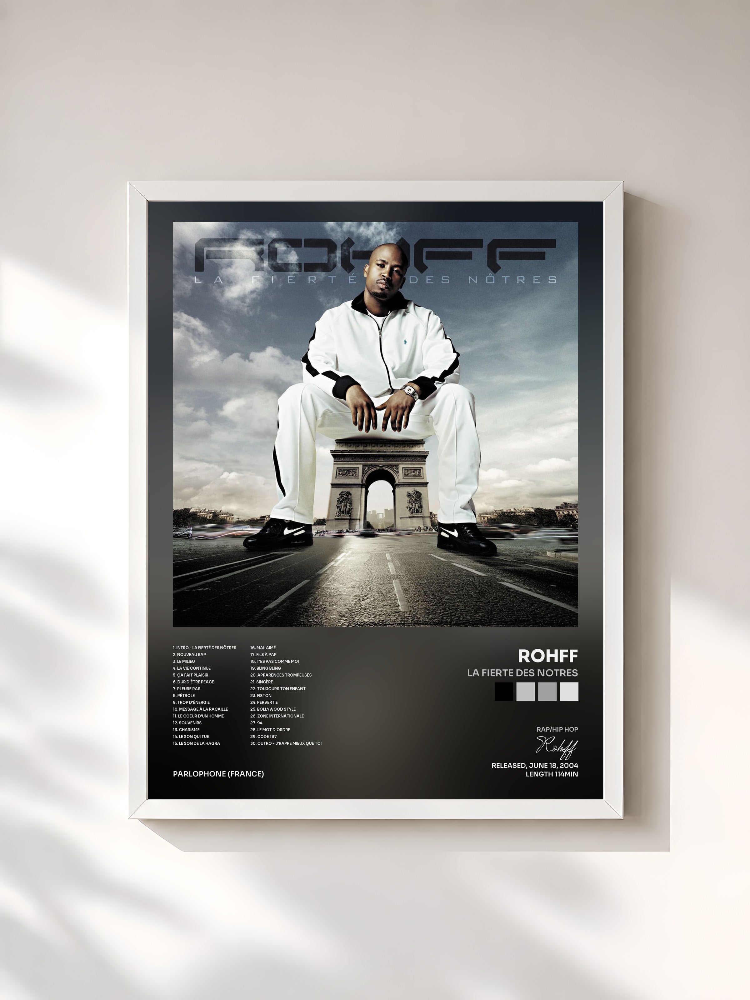 #blanc Tableau de l'album la fierte des notres de Rohff, cadre blanc, imprimé et encadré en France