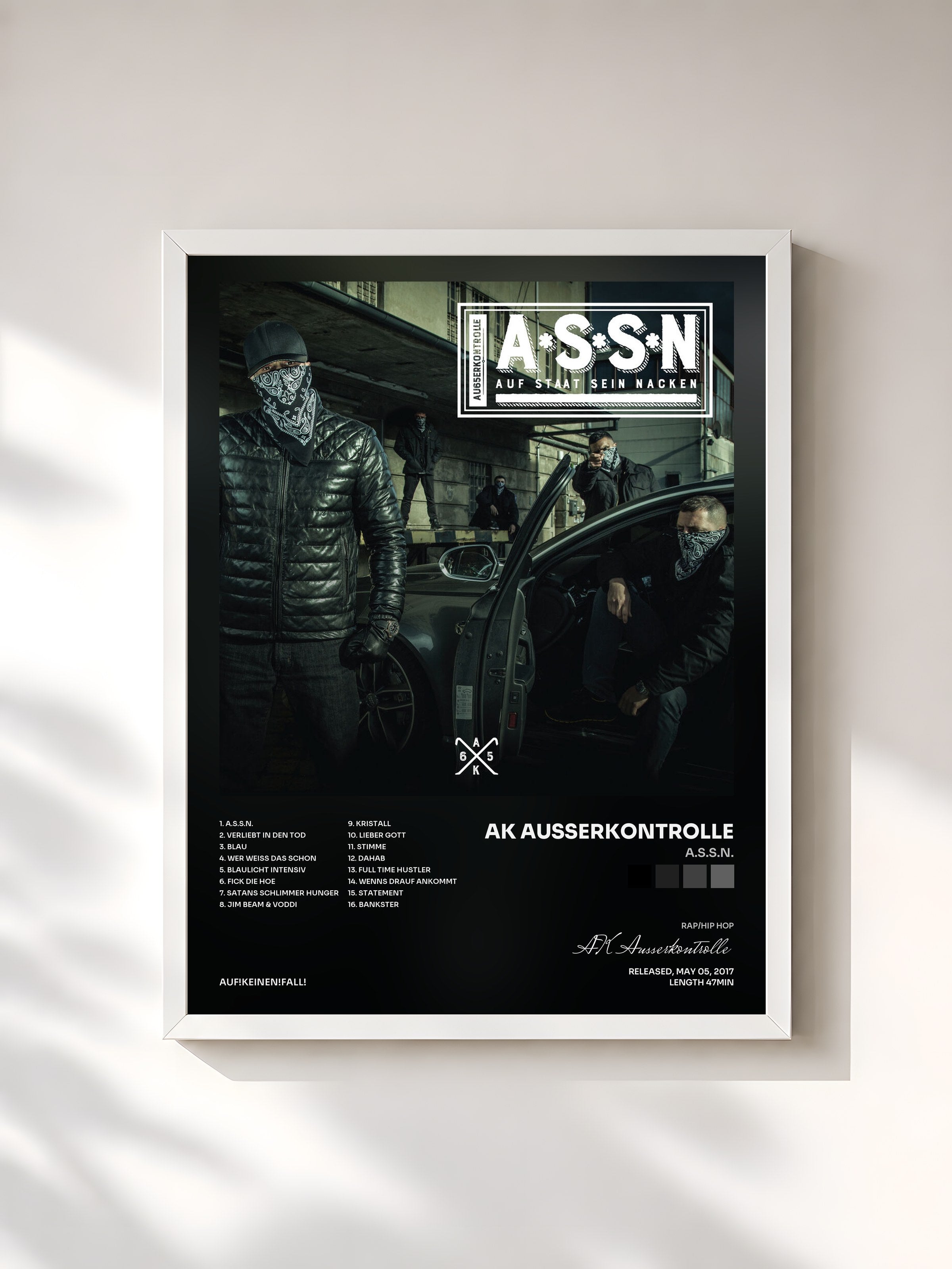 #blanc Tableau de l'album A.S.S.N. de AK Ausserkontrolle, cadre blanc, imprimé et encadré en France