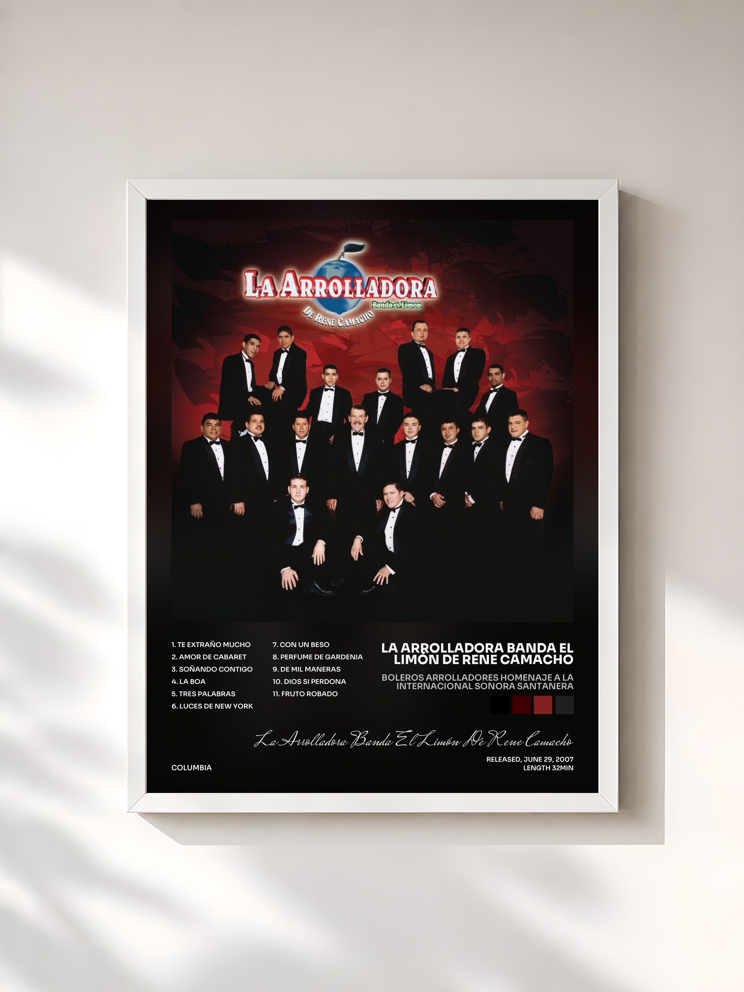 #blanc Tableau de l'album Boleros Arrolladores Homenaje A La Internacional Sonora Santanera de La Arrolladora Banda El Limón De Rene Camacho, cadre blanc, imprimé et encadré en France