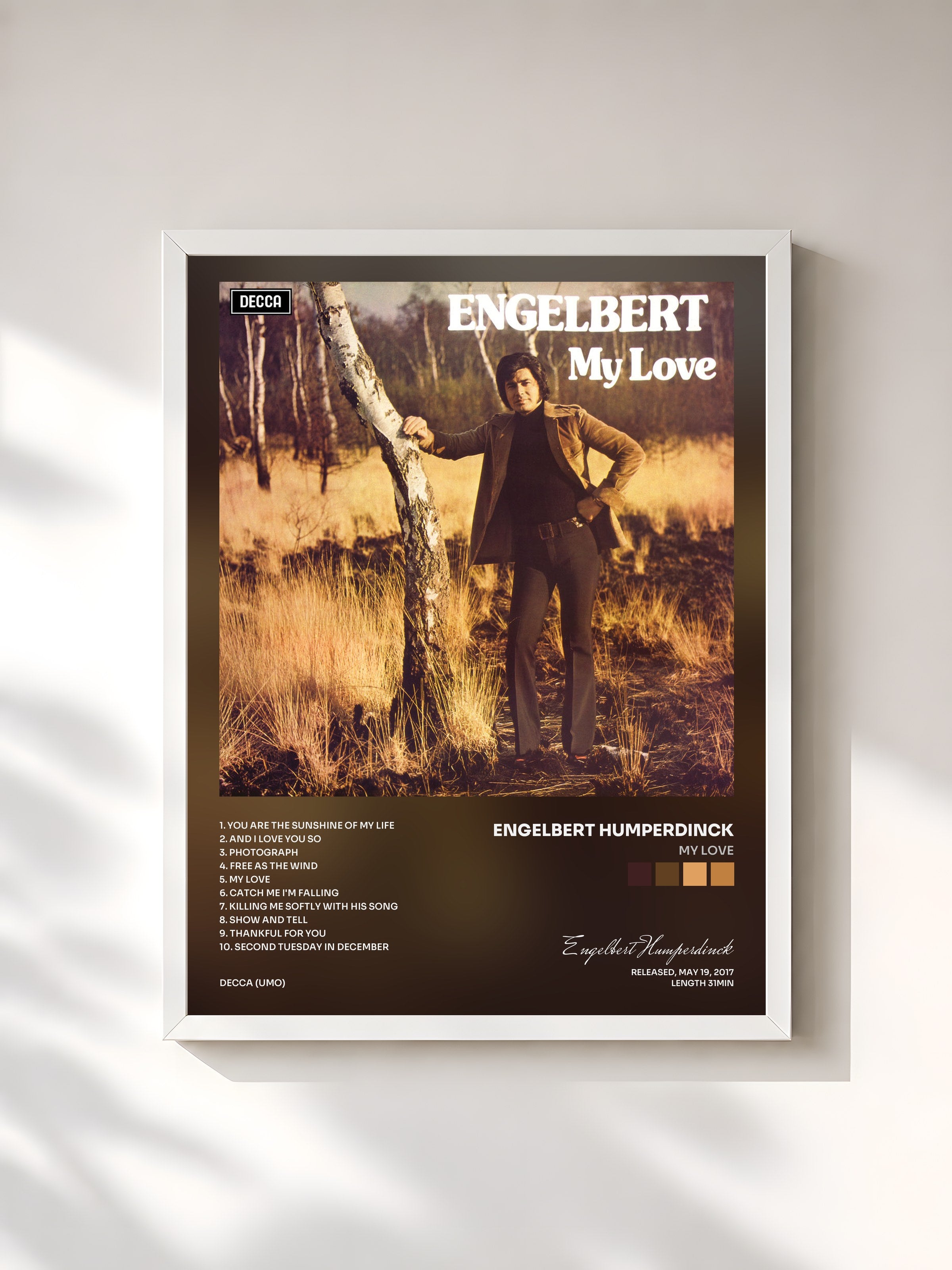 #blanc Tableau de l'album My Love de Engelbert Humperdinck, cadre blanc, imprimé et encadré en France