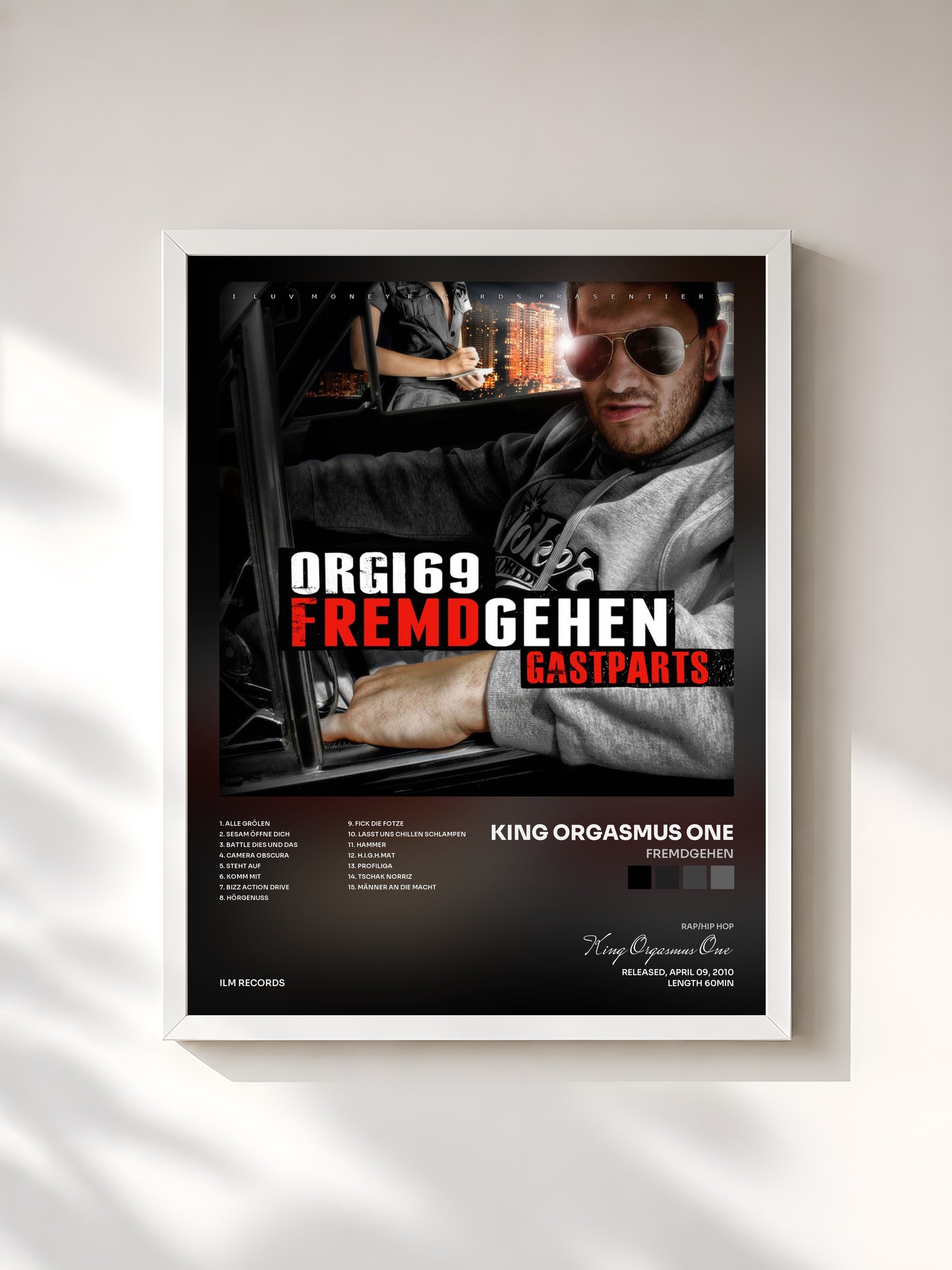 #blanc Tableau de l'album Fremdgehen de King Orgasmus One, cadre blanc, imprimé et encadré en France