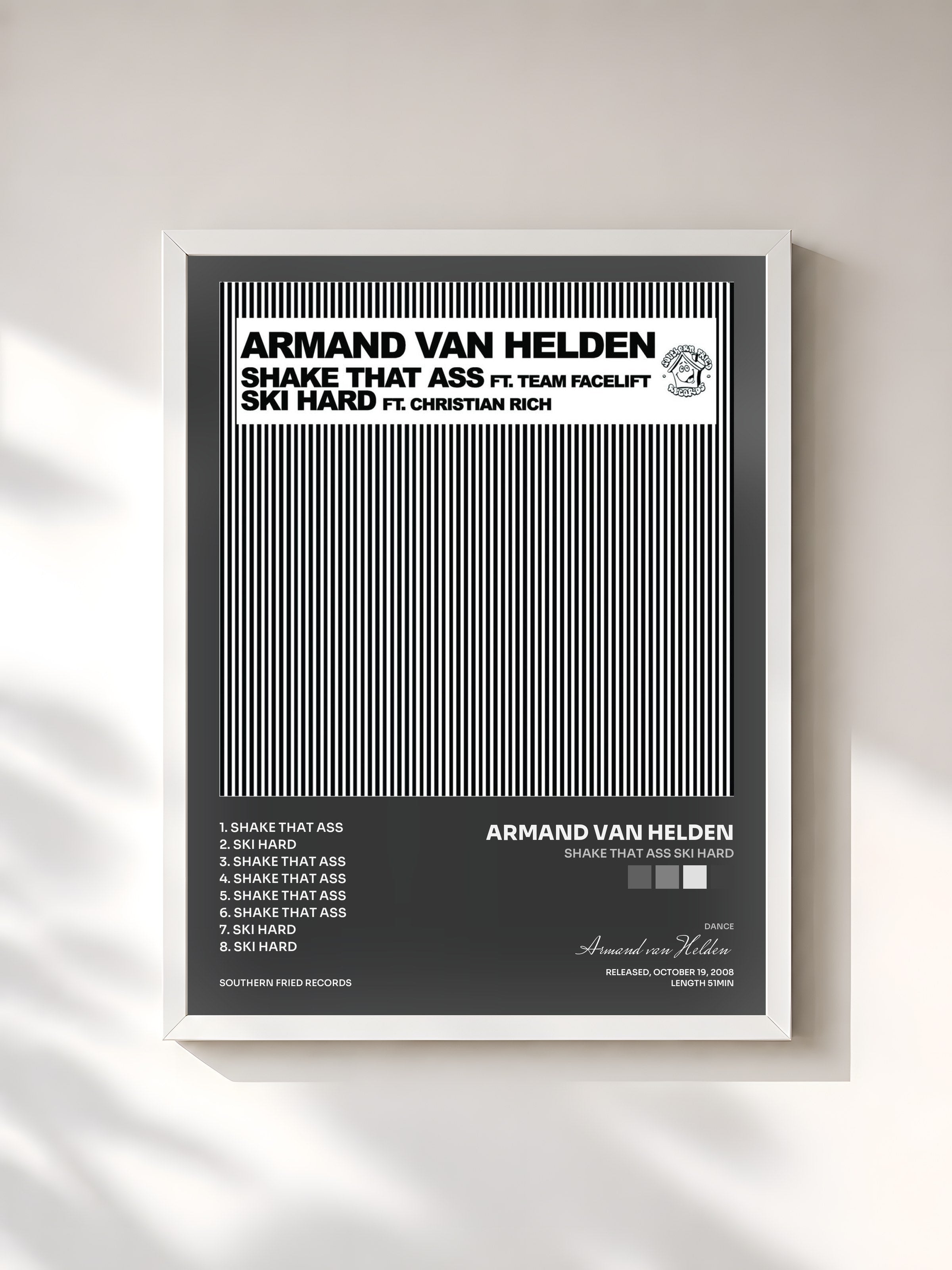 #blanc Tableau de l'album Shake That Ass Ski Hard de Armand van Helden, cadre blanc, imprimé et encadré en France