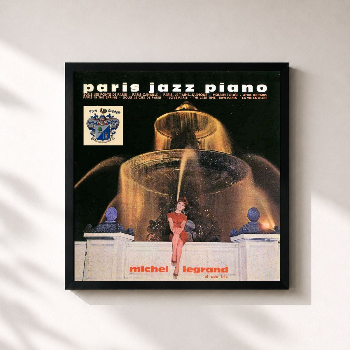 #noir Tableau carré de l'album Paris Jazz Piano de Michel Legrand, cadre noir 32x32 cm