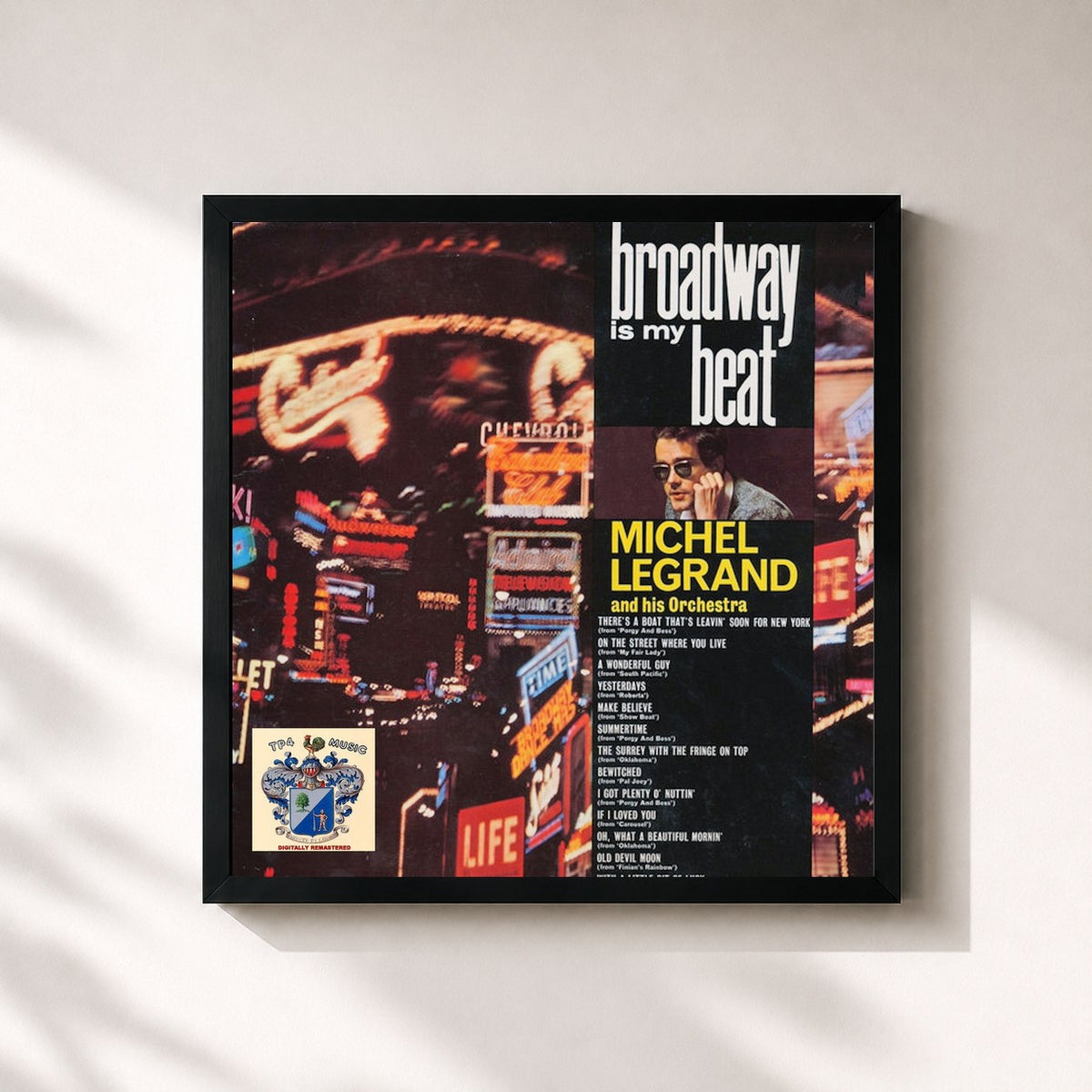 #noir Tableau carré de l'album Broadway Is My Beat de Michel Legrand, cadre noir 32x32 cm