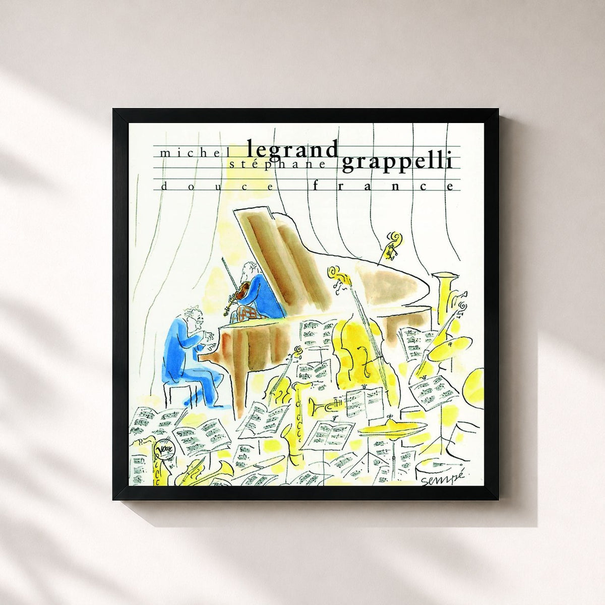 #noir Tableau carré de l'album Douce France de Michel Legrand, cadre noir 32x32 cm