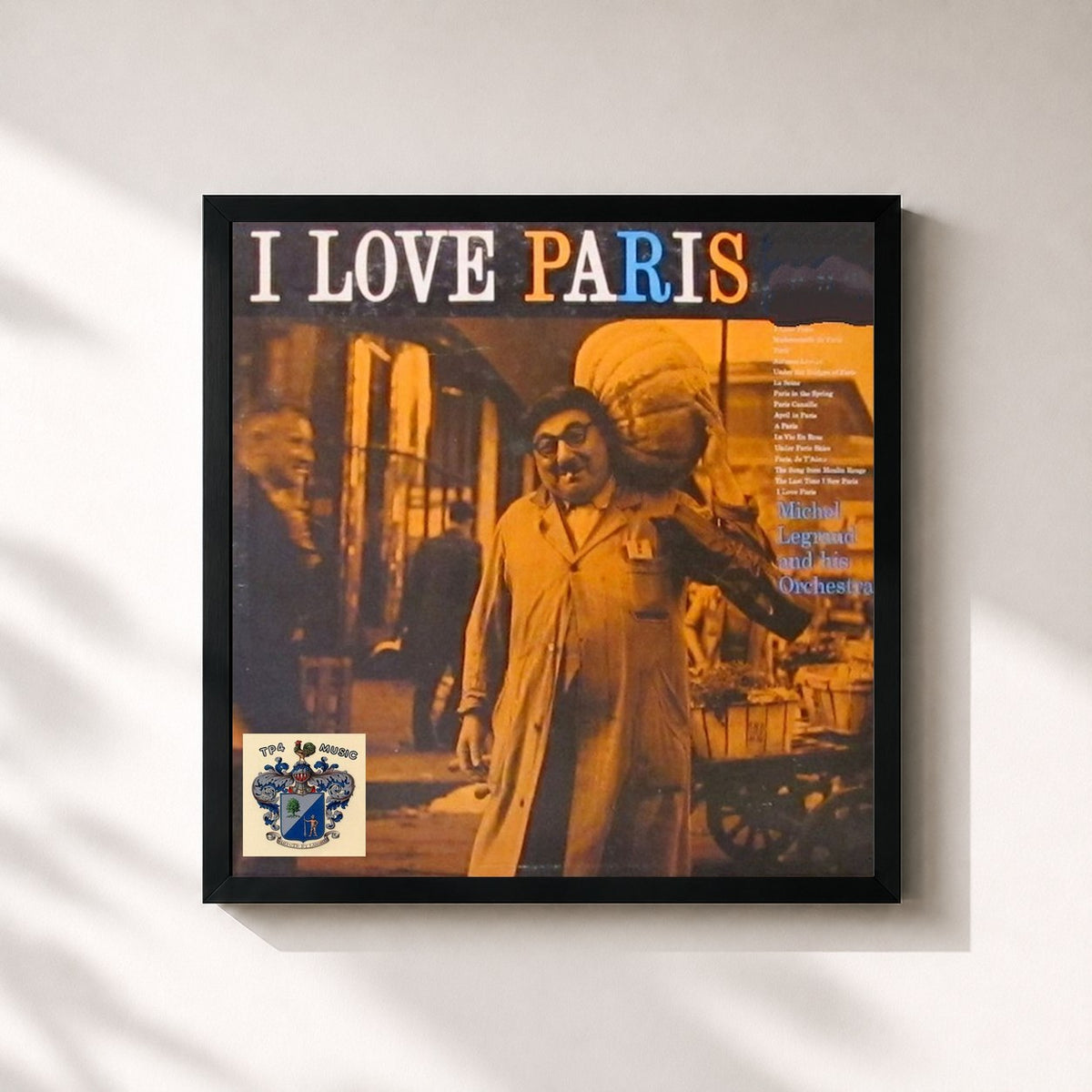 #noir Tableau carré de l'album I Love Paris de Michel Legrand, cadre noir 32x32 cm