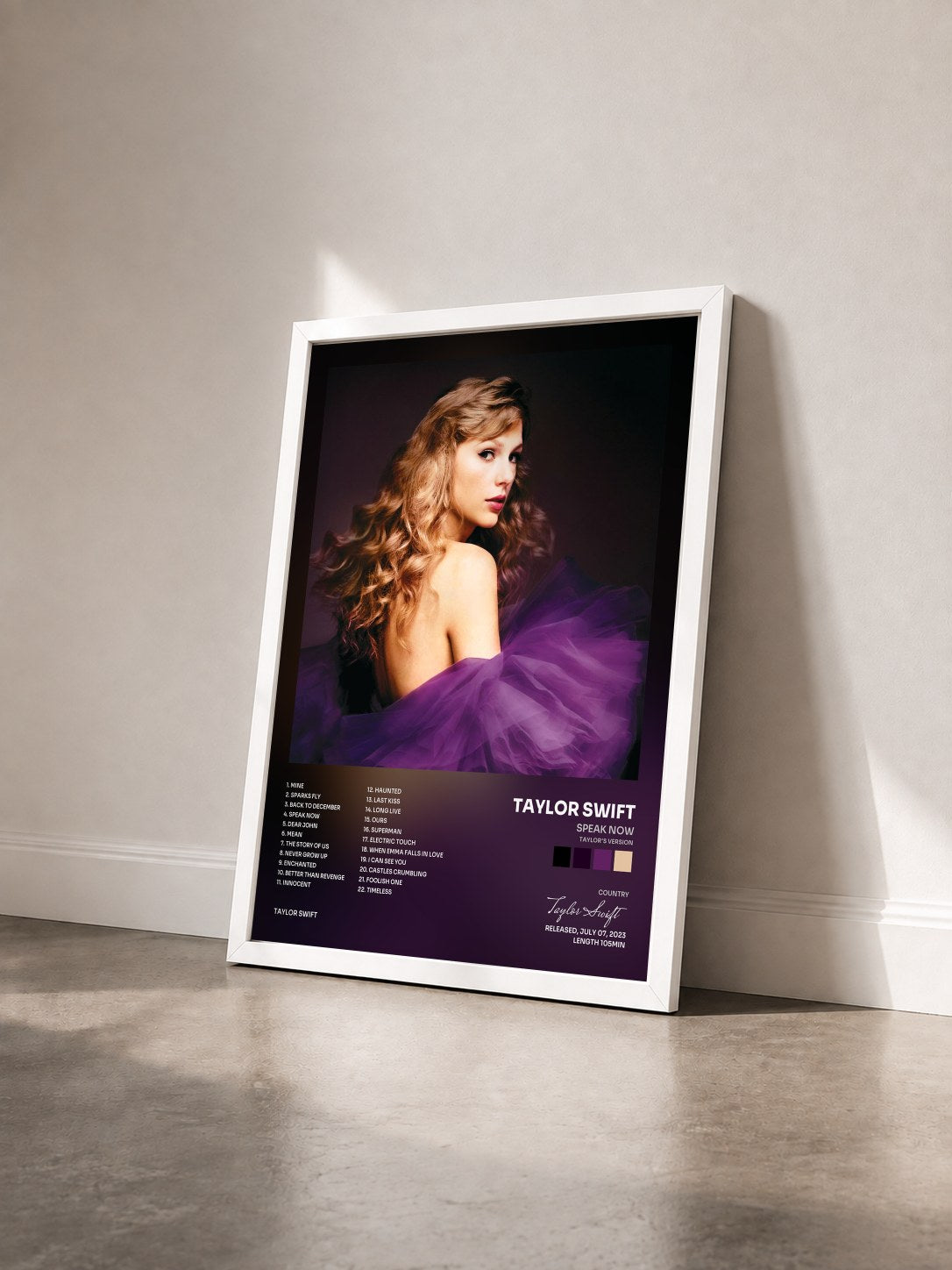 #blanc Tableau de l'album Speak Now (Taylor's Version) de Taylor Swift vu de trois quarts, cadre blanc