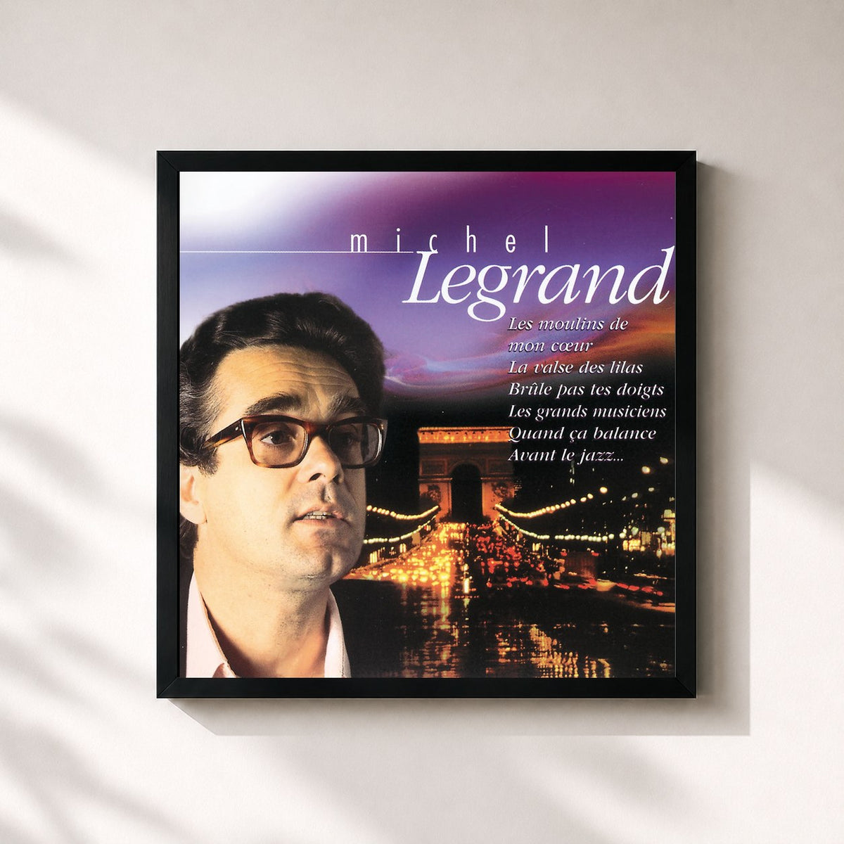 #noir Tableau carré de l'album Les Moulins De Mon Coeur de Michel Legrand, cadre noir 32x32 cm