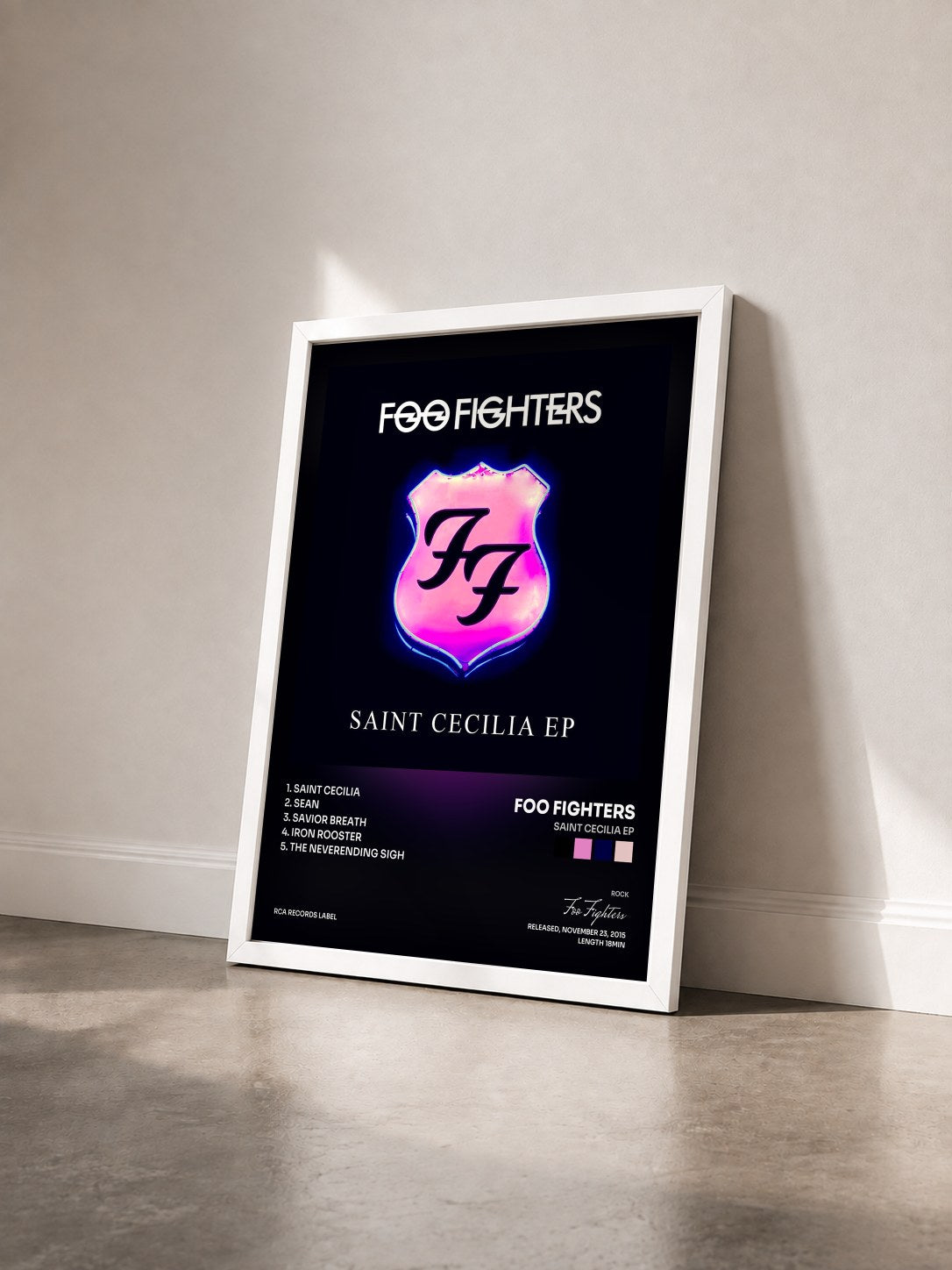 #blanc Tableau de l'album Saint Cecilia EP de Foo Fighters vu de trois quarts, cadre blanc
