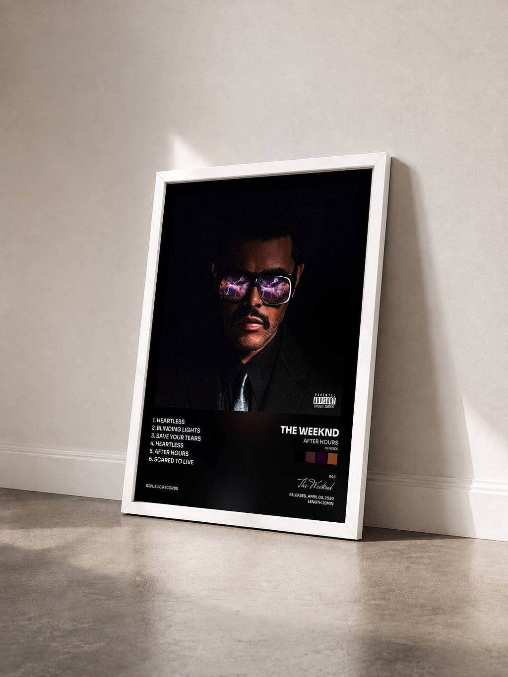 #blanc Tableau de l'album After Hours (Remixes) de The Weeknd vu de trois quarts, cadre blanc
